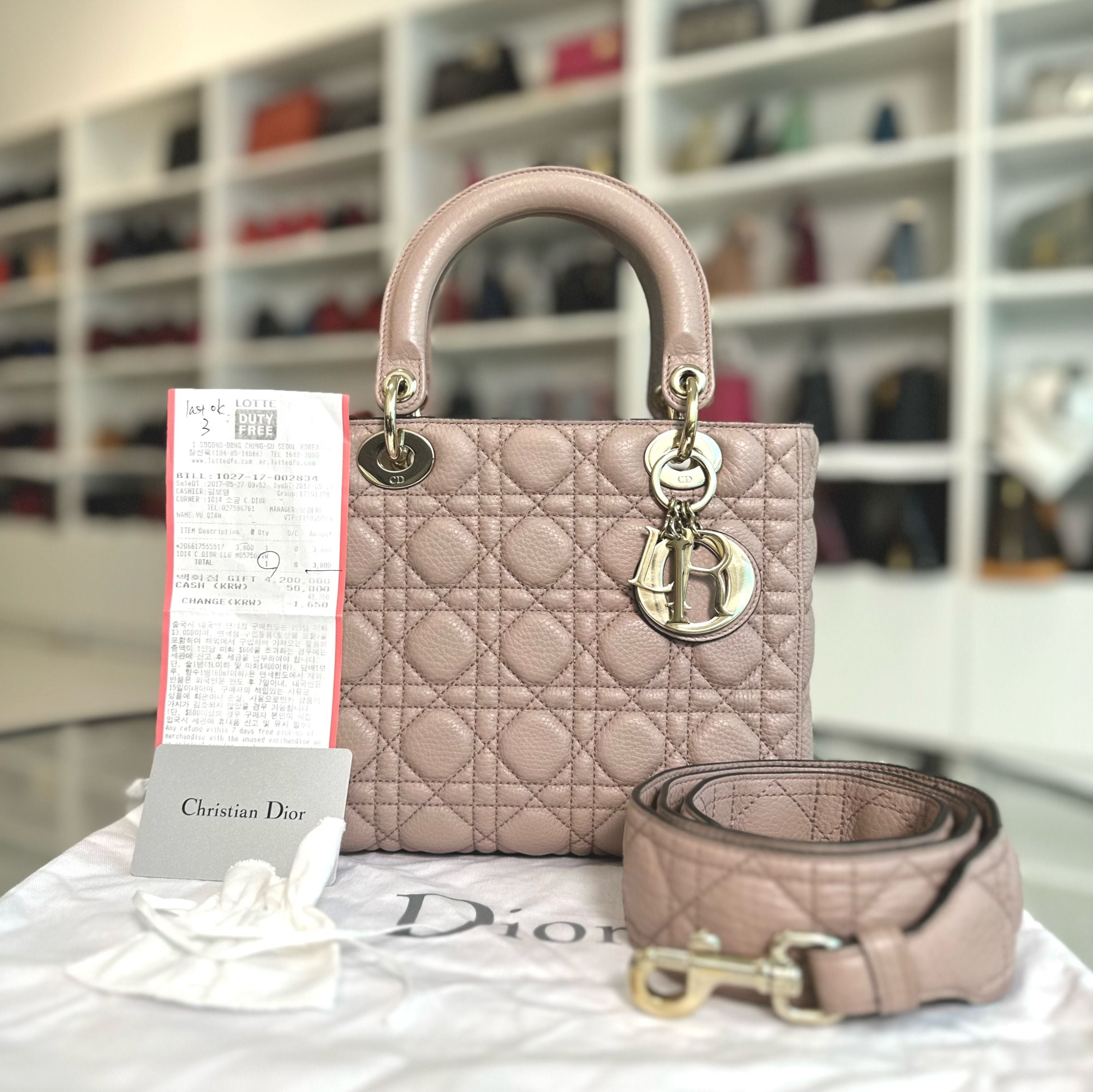 *Receipt* Dior Lady Medium Grained Calfskin Flap Nude Pink LGHW - Luxury Evermore