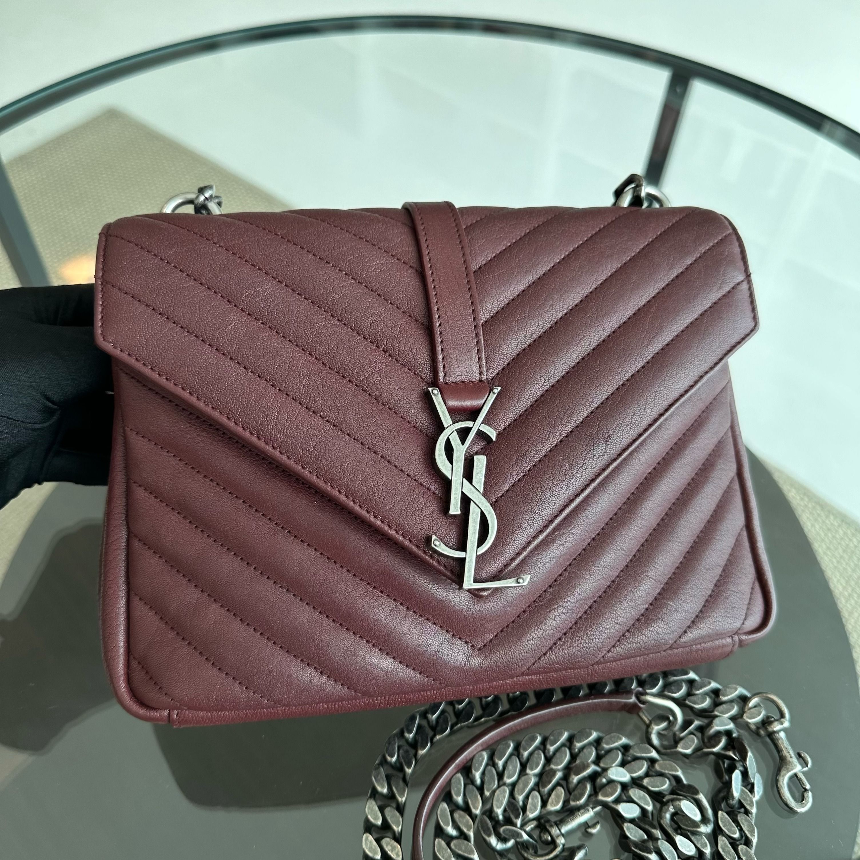*Receipt* YSL College Medium Chevron Leather Burgundy RSHW - Luxury Evermore