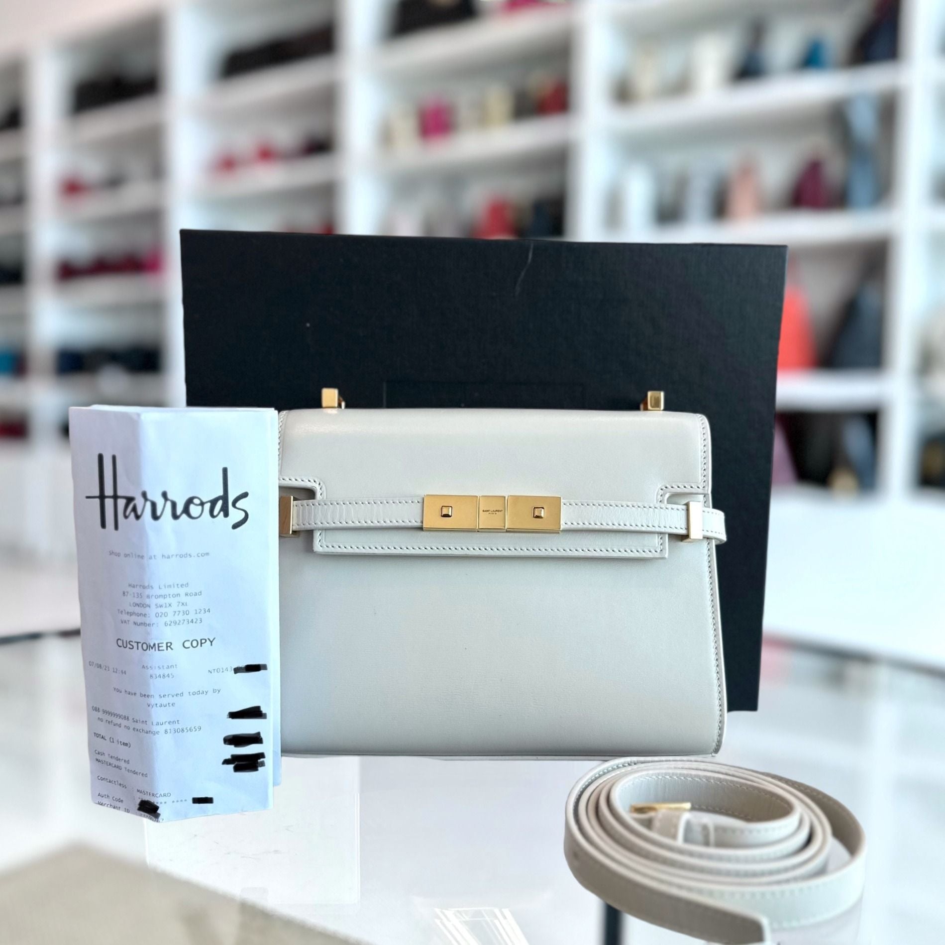 *Receipt* YSL Yves Saint Laurent Manhattan Mini Calfskin Leather White GHW - Luxury Evermore