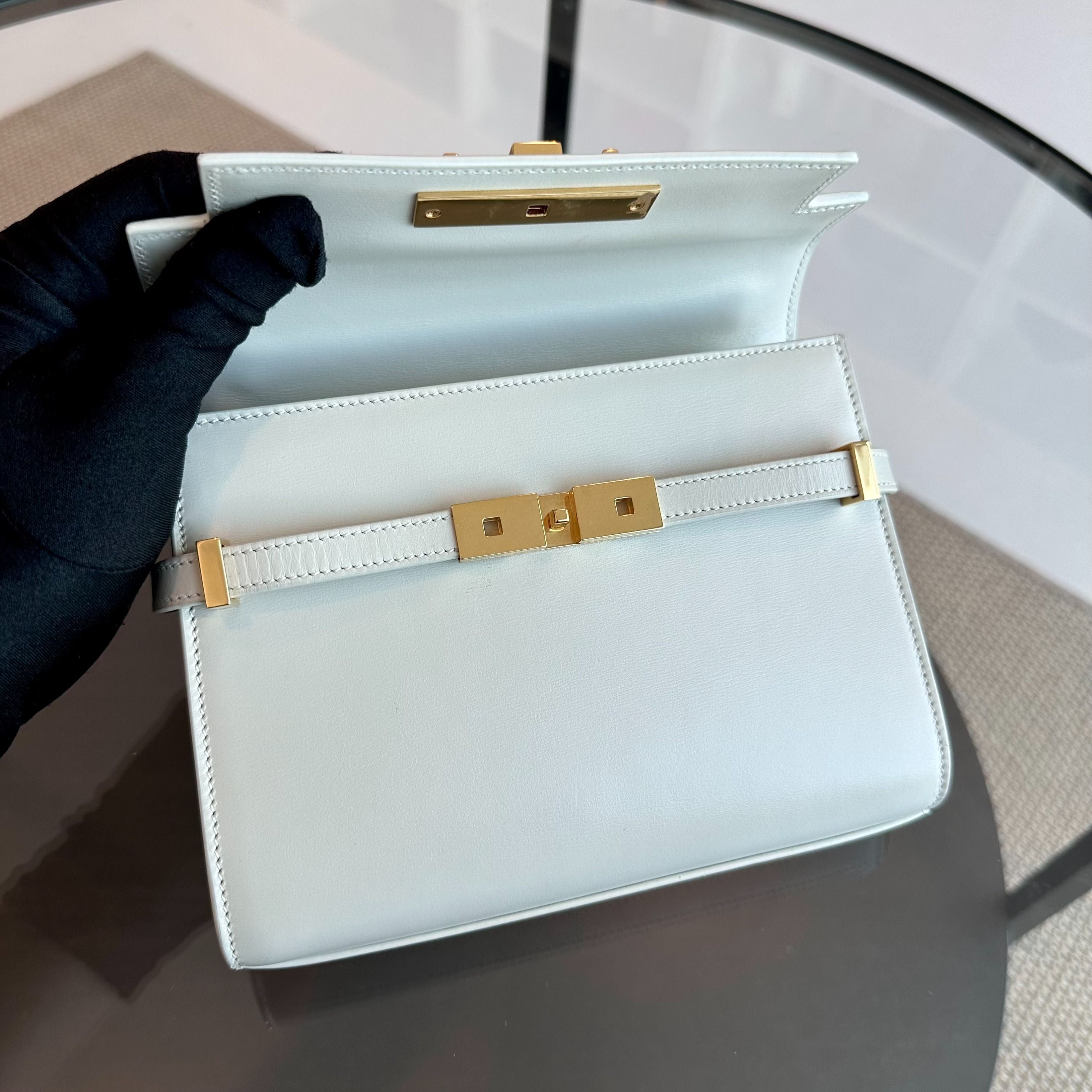 *Receipt* YSL Yves Saint Laurent Manhattan Mini Calfskin Leather White GHW - Luxury Evermore