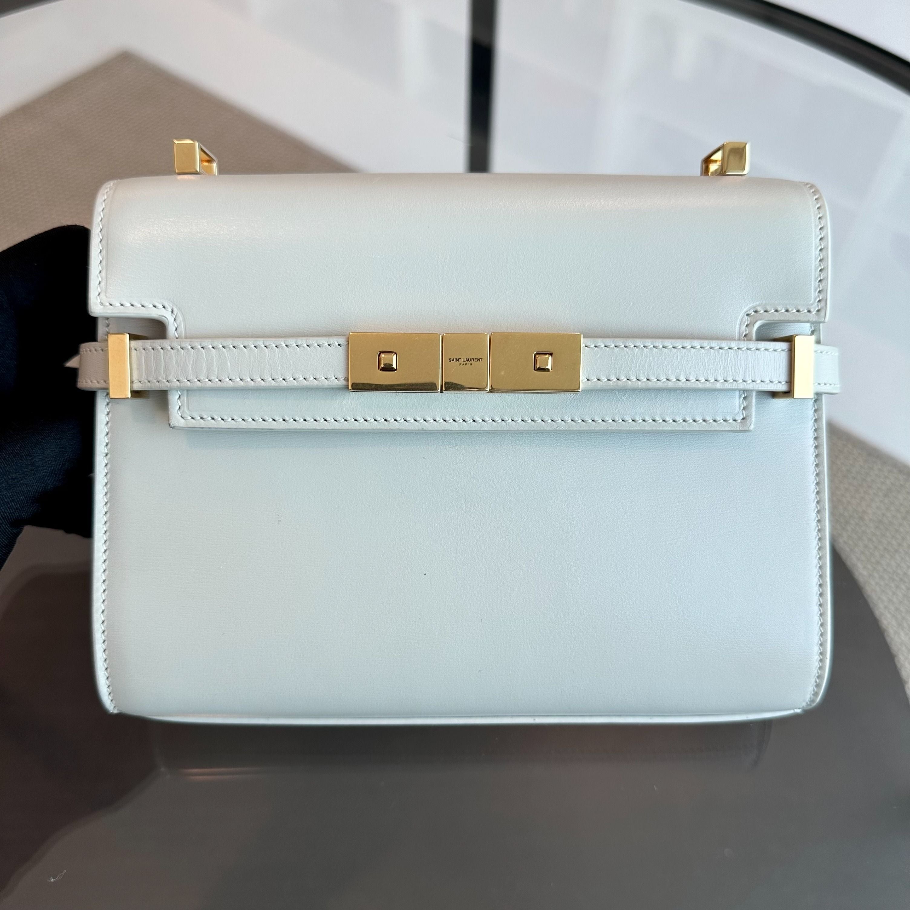 *Receipt* YSL Yves Saint Laurent Manhattan Mini Calfskin Leather White GHW - Luxury Evermore