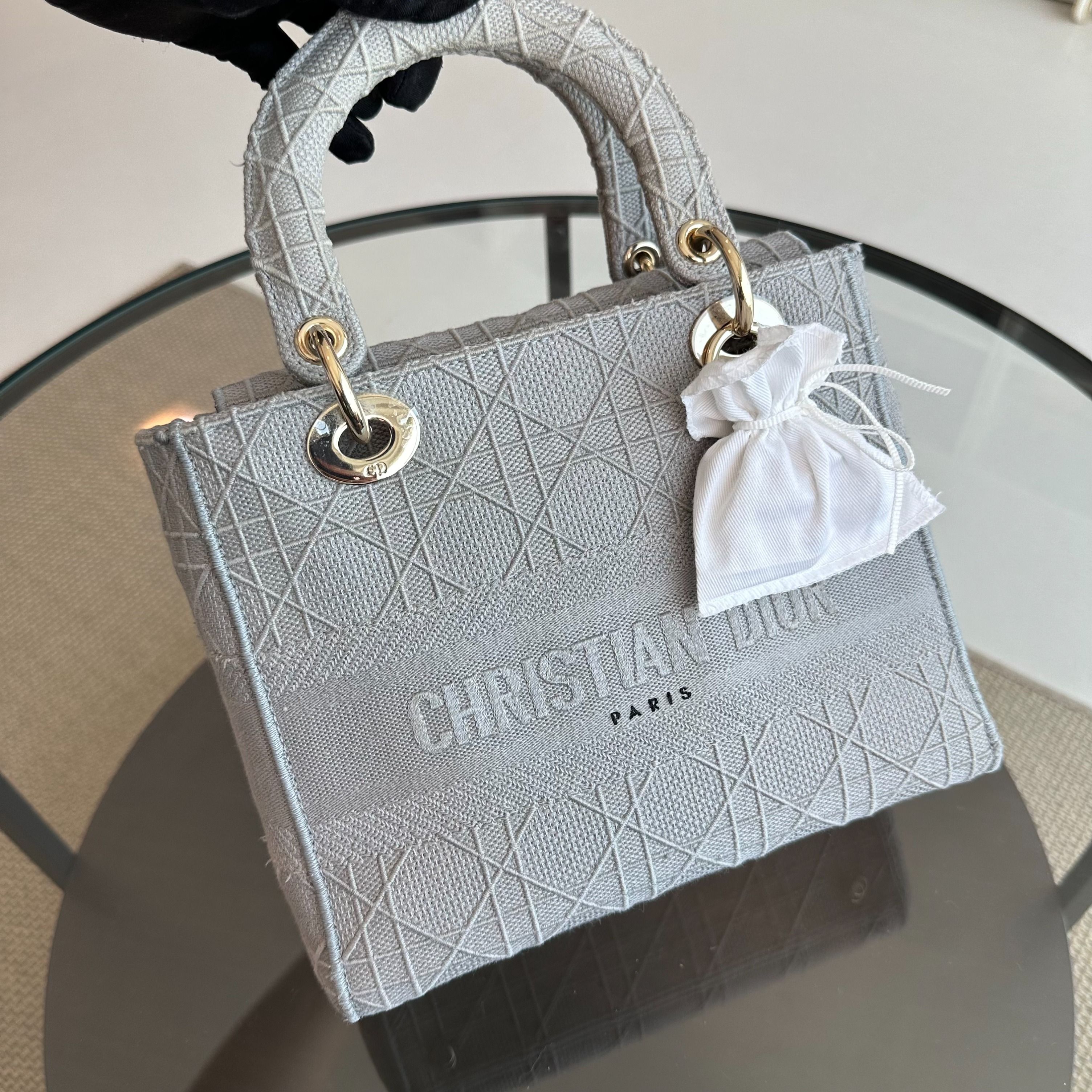 *Reciept* Dior Lady D-Lite Grey Cannage Embroidery GHW - Luxury Evermore