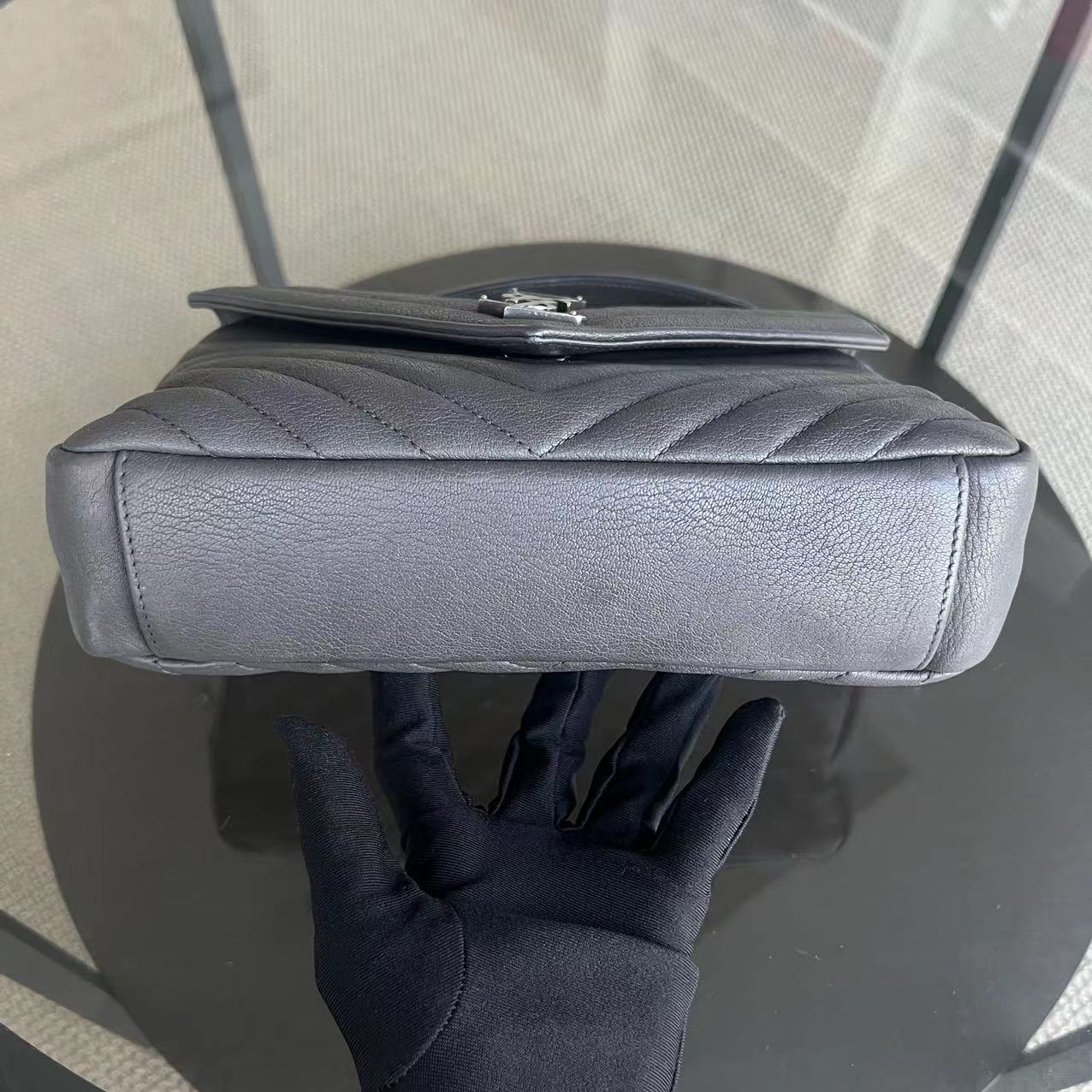 YSL College Medium Chevron Calfskin Grey Gray Leather Bag - Luxury Evermore