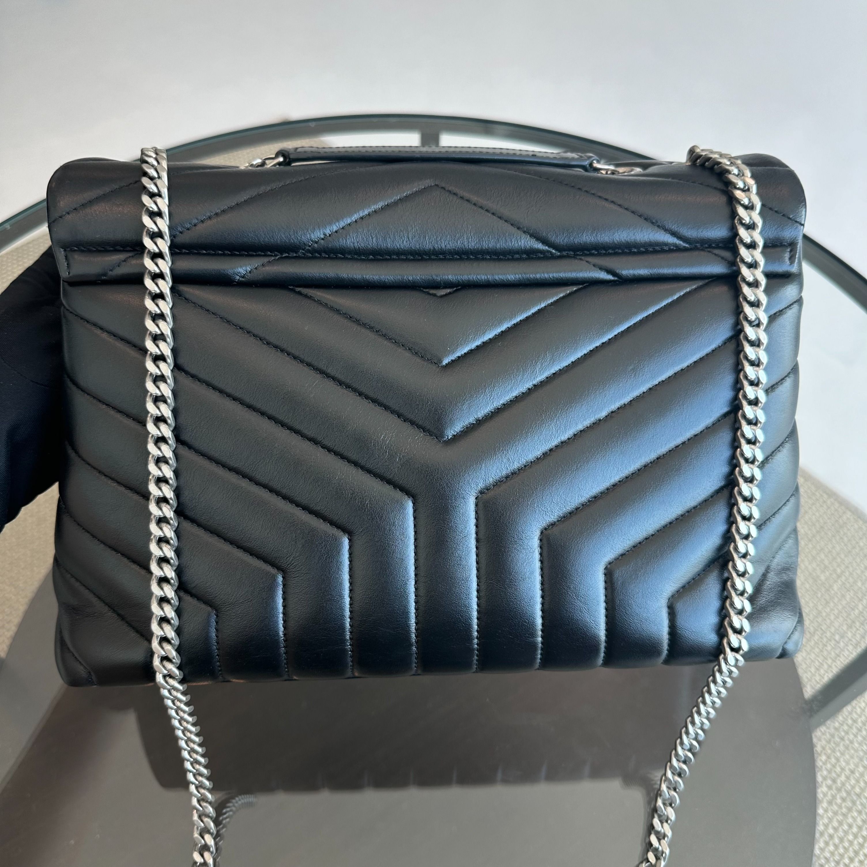 YSL Loulou Medium Chevron Chain Black Shoulder Bag SHW Yves Saint Laurent - Luxury Evermore