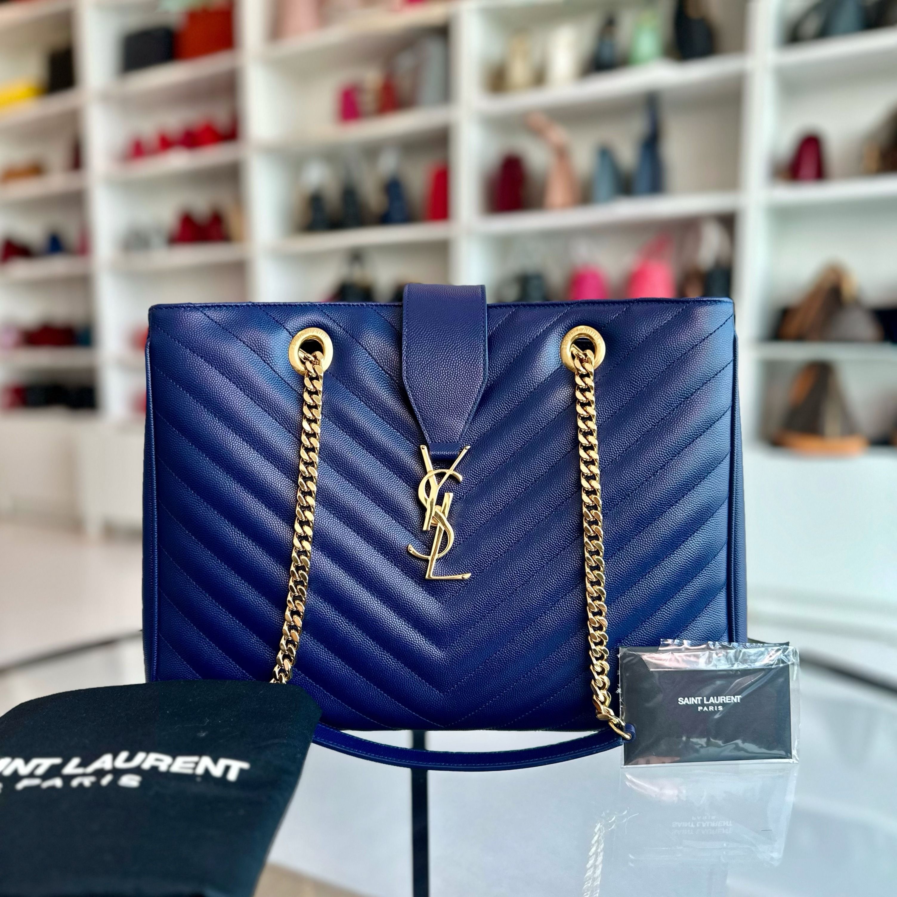 YSL Shopper Quilted Grained Calfskin Chevron Blue Tote GHW Yves Saint Laurent - Luxury Evermore