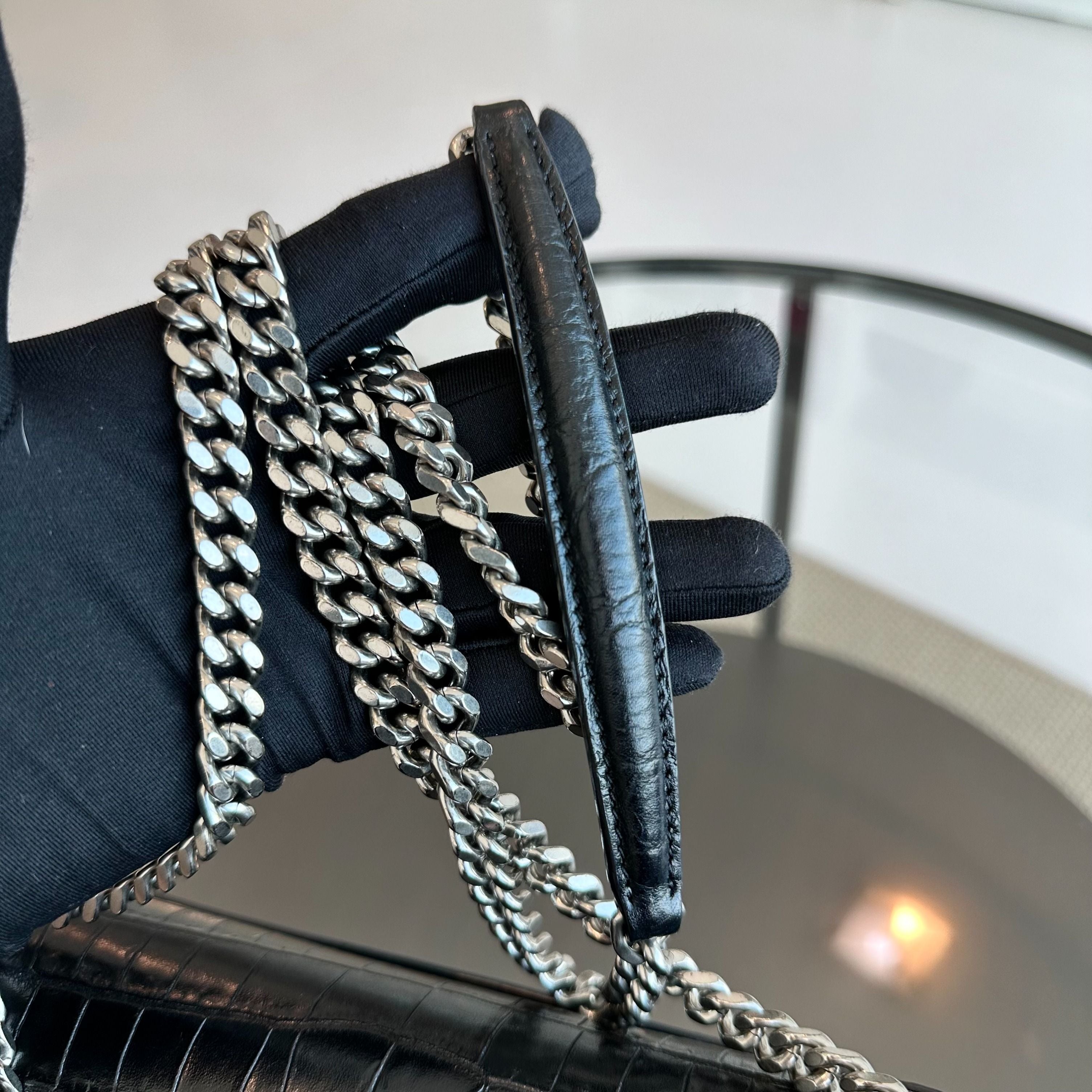 YSL Yves Saint Laurent Sunset Medium Crocodile Texture Calfskin Leather Black SHW - Luxury Evermore