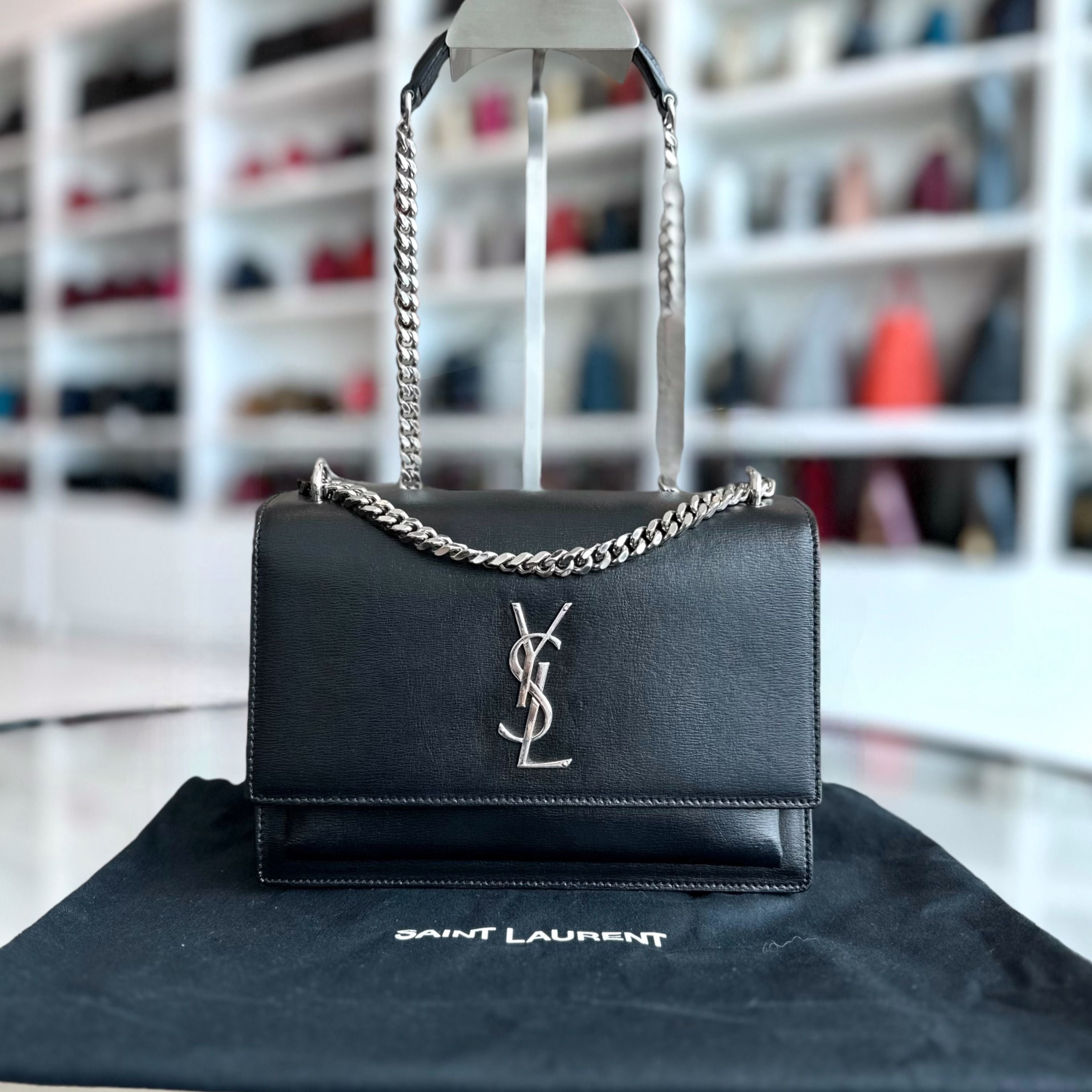 YSL Yves Saint Laurent Sunset Medium Smooth Calfskin Black SHW - Luxury Evermore