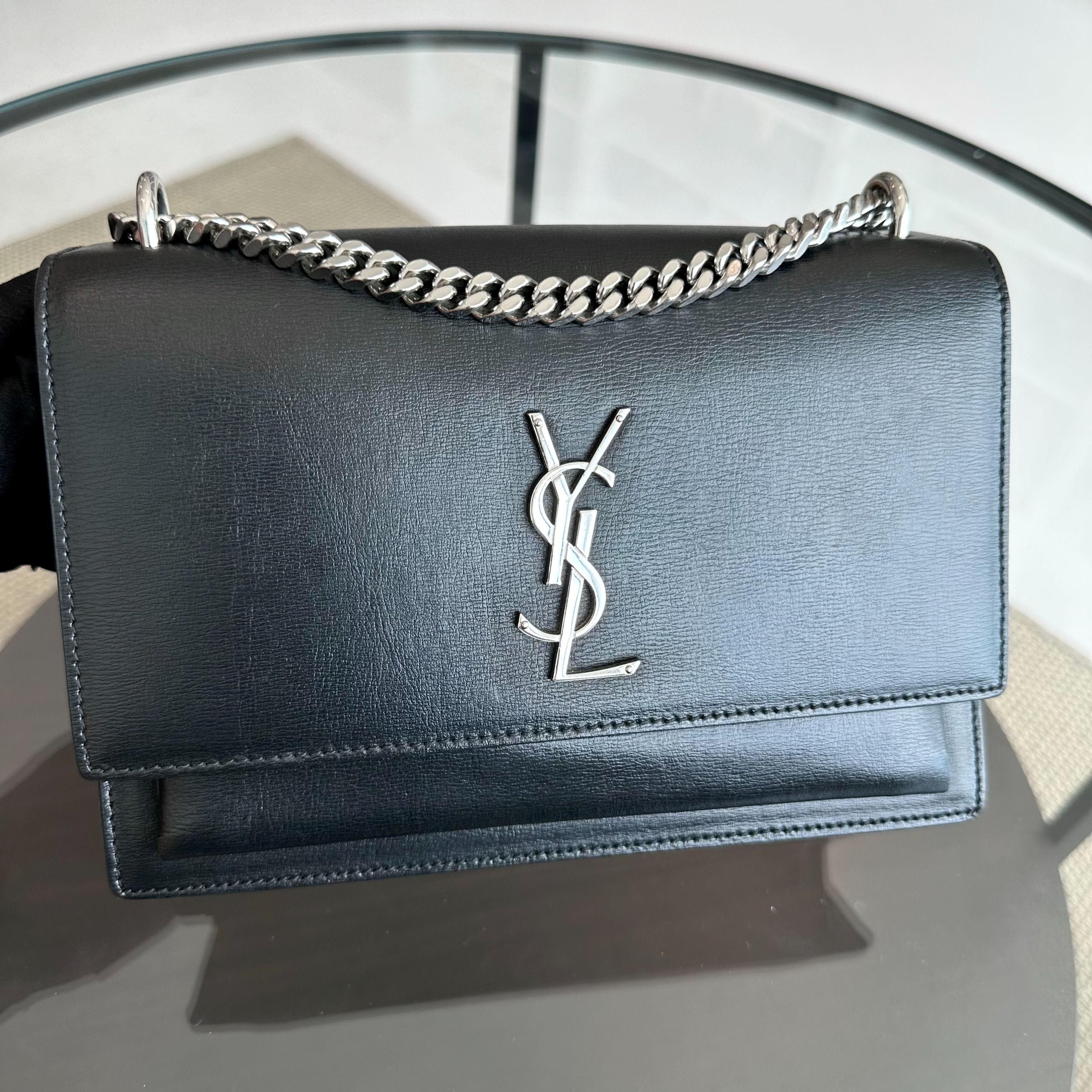 YSL Yves Saint Laurent Sunset Medium Smooth Calfskin Black SHW - Luxury Evermore