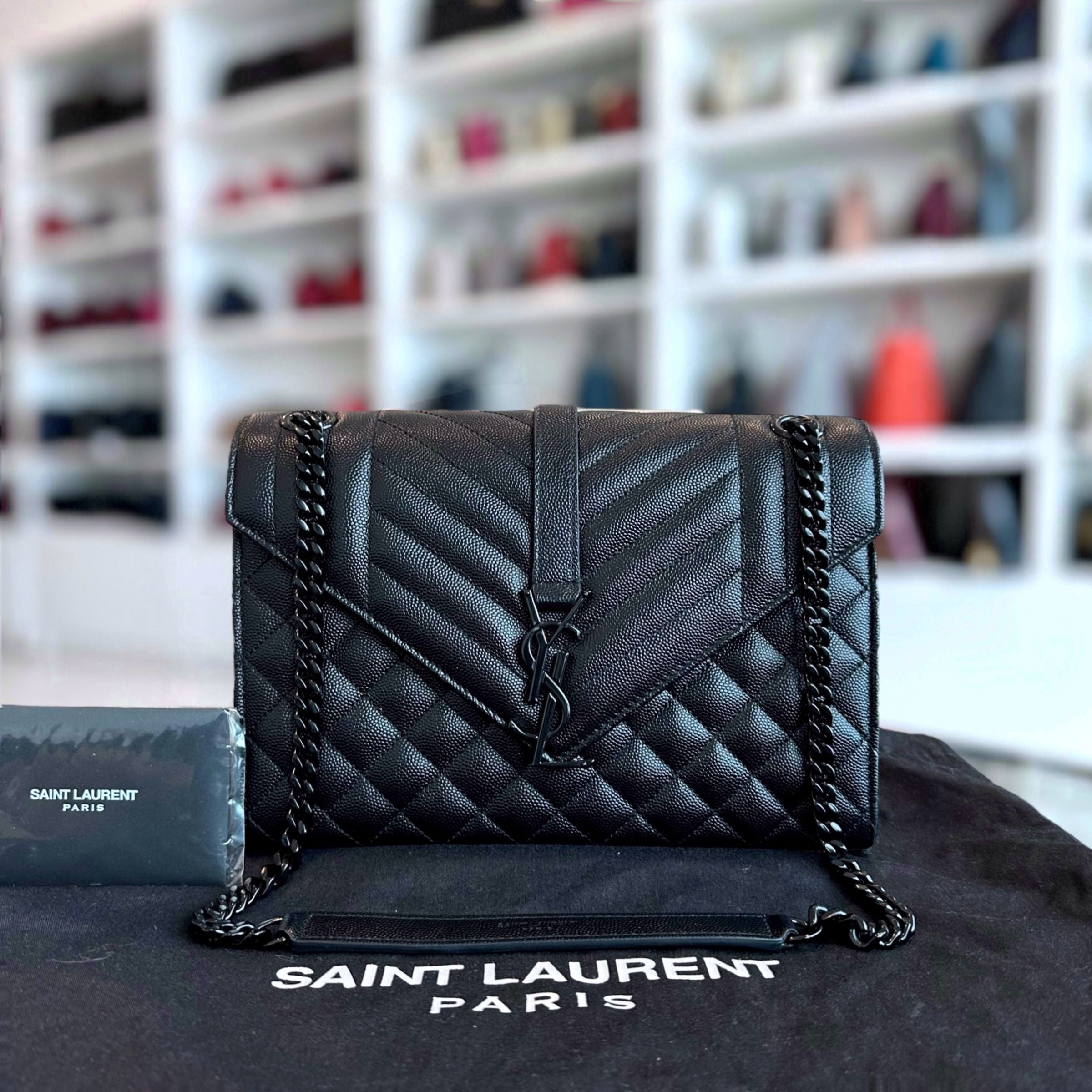 Yves Saint Laurent YSL Envelop Medium Flap All Black Grained Calfskin BHW - Luxury Evermore