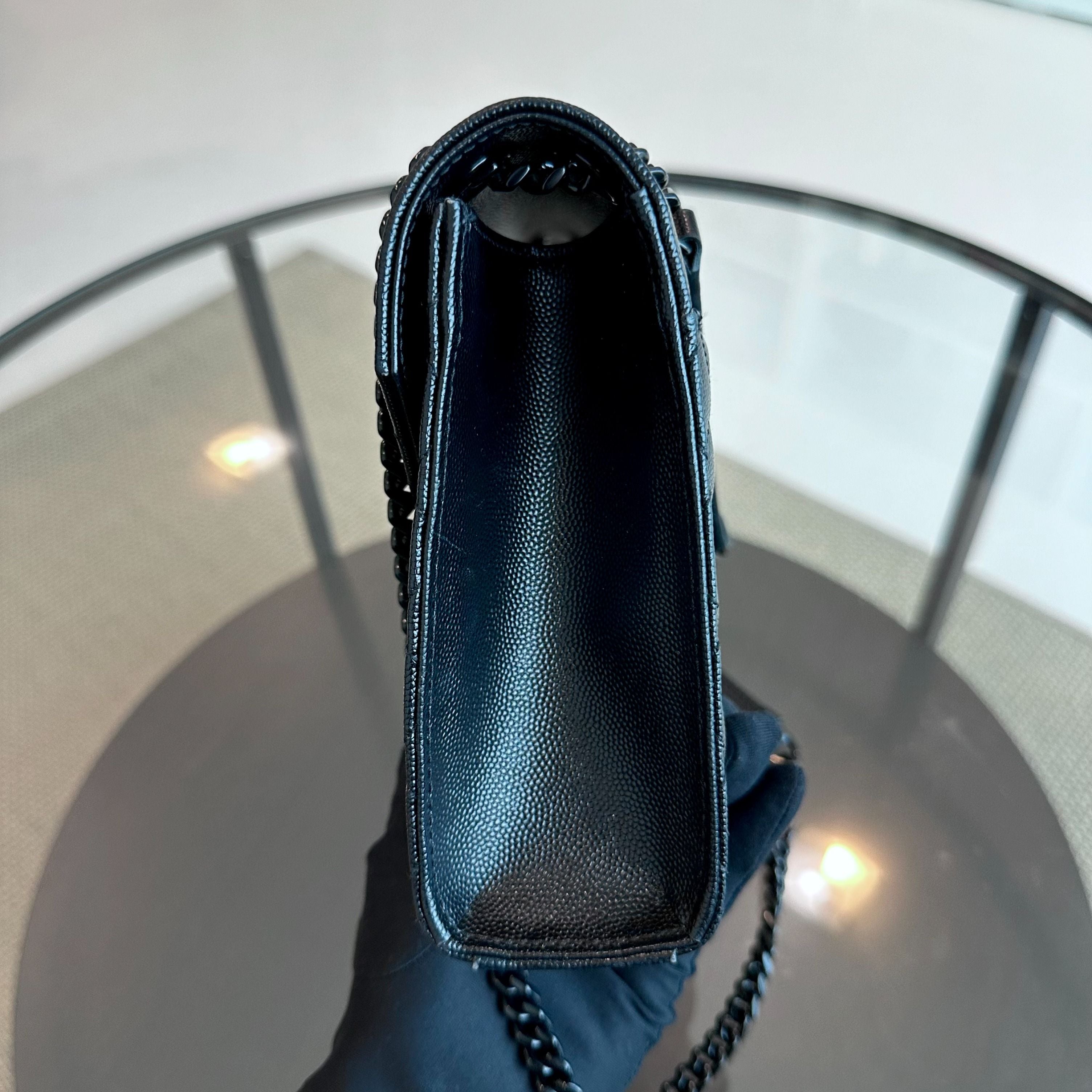 Yves Saint Laurent YSL Envelop Medium Flap All Black Grained Calfskin BHW - Luxury Evermore