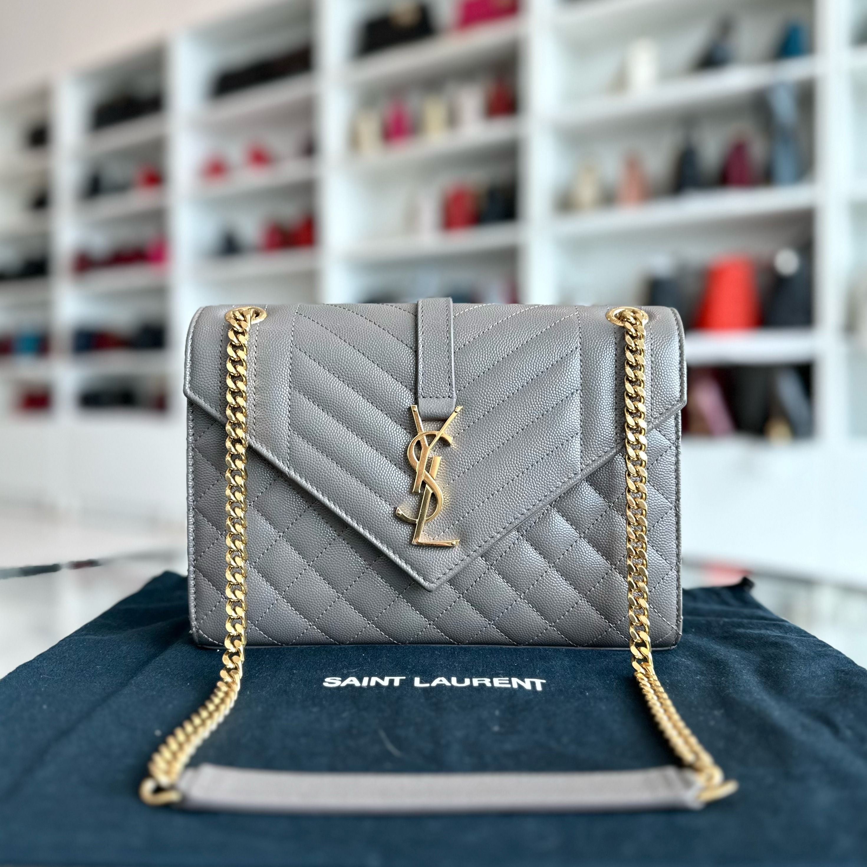 Yves Saint Laurent YSL Envelop Medium Flap Grained Calfskin Grey GHW - Luxury Evermore