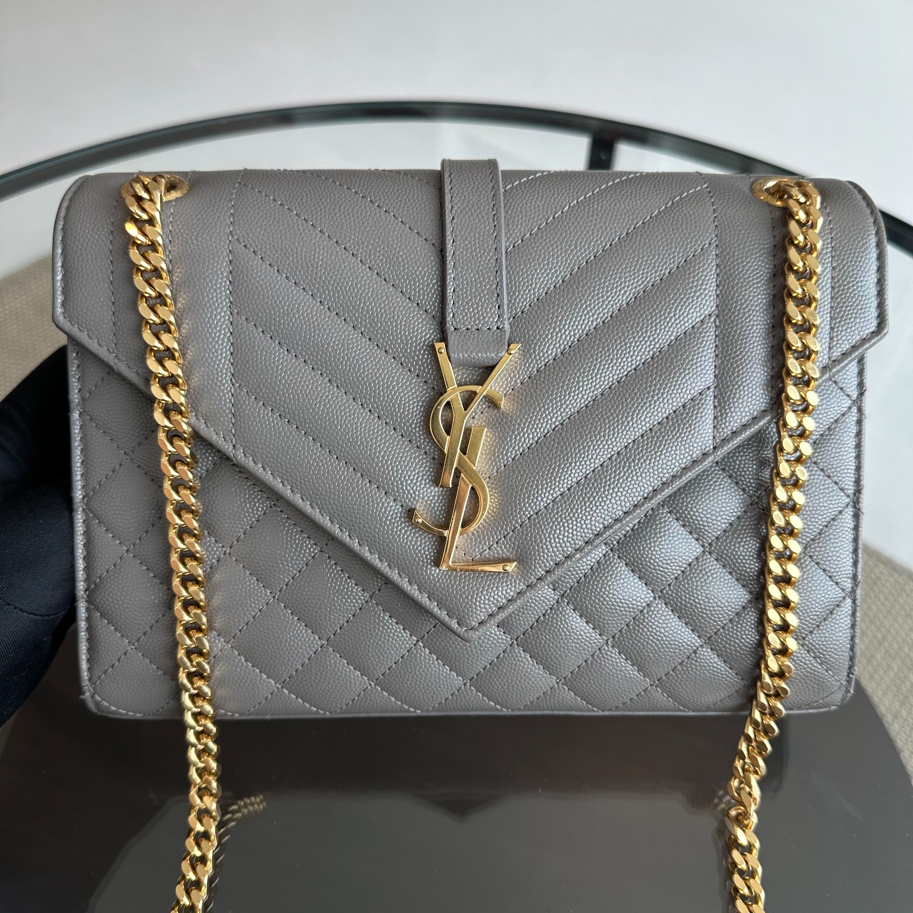 Yves Saint Laurent YSL Envelop Medium Flap Grained Calfskin Grey GHW - Luxury Evermore