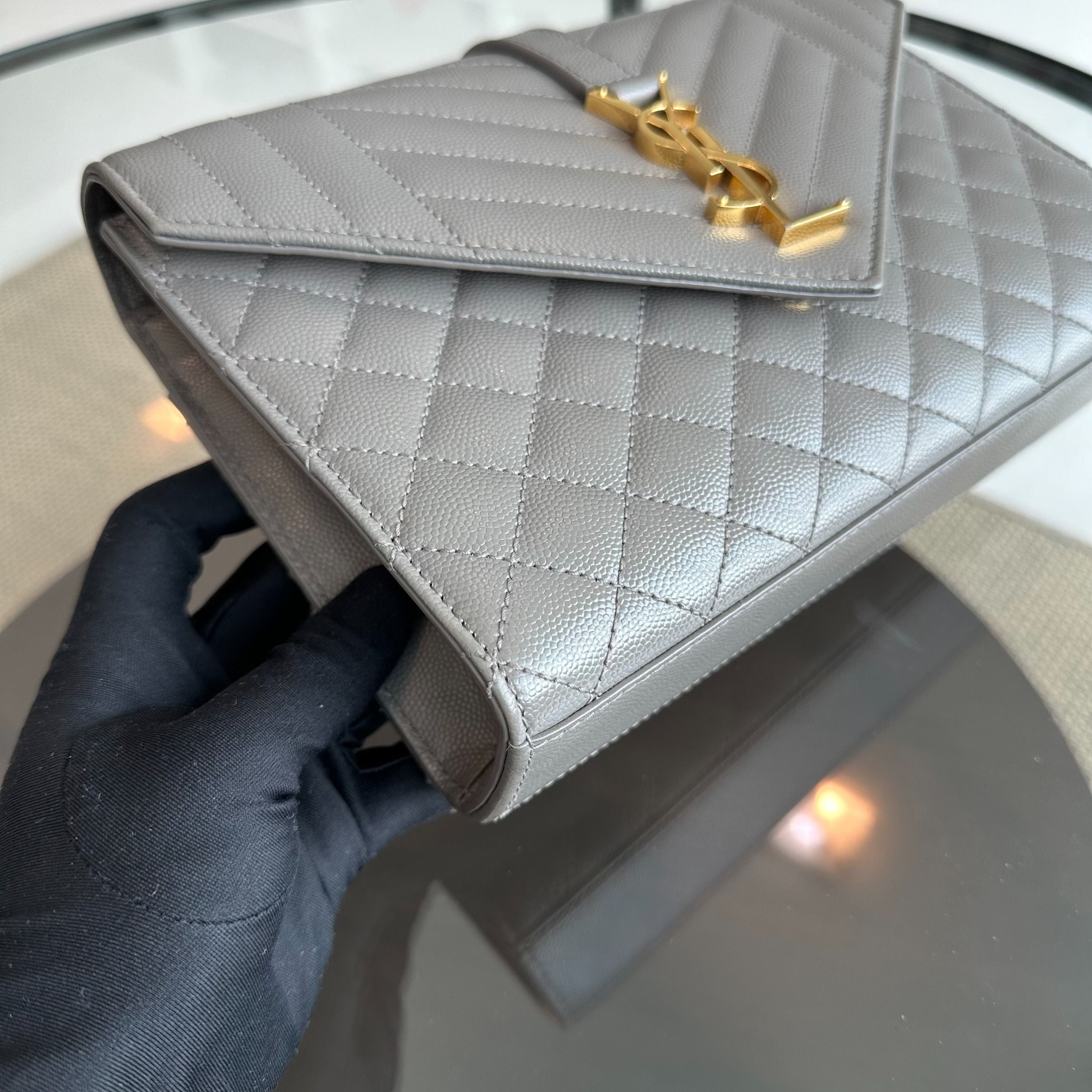 Yves Saint Laurent YSL Envelop Medium Flap Grained Calfskin Grey GHW - Luxury Evermore