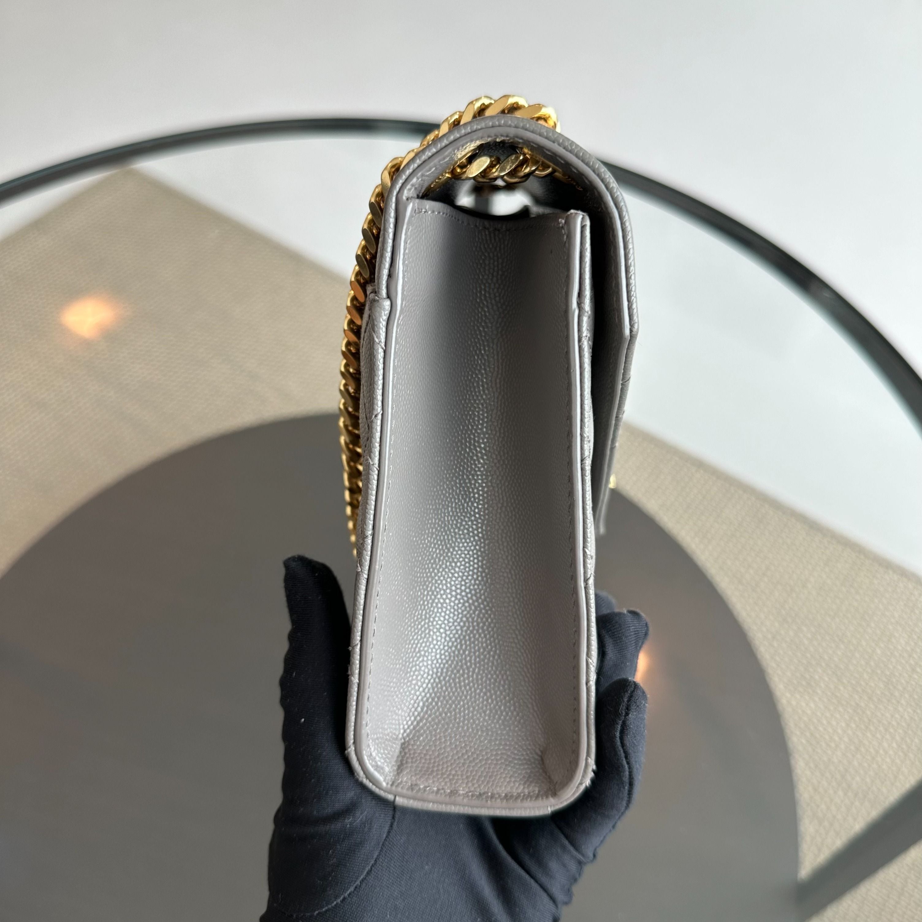 Yves Saint Laurent YSL Envelop Medium Flap Grained Calfskin Grey GHW - Luxury Evermore