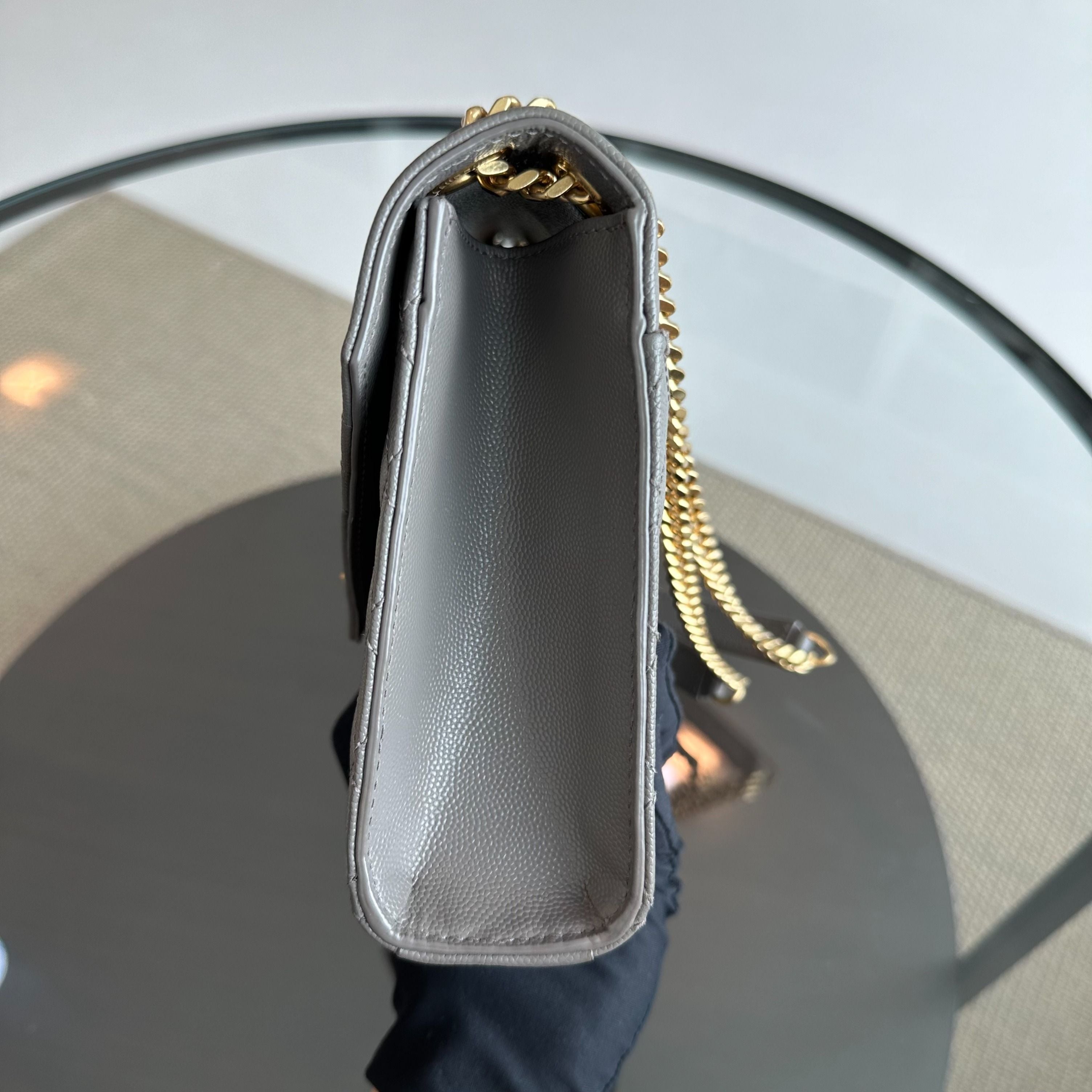 Yves Saint Laurent YSL Envelop Medium Flap Grained Calfskin Grey GHW - Luxury Evermore