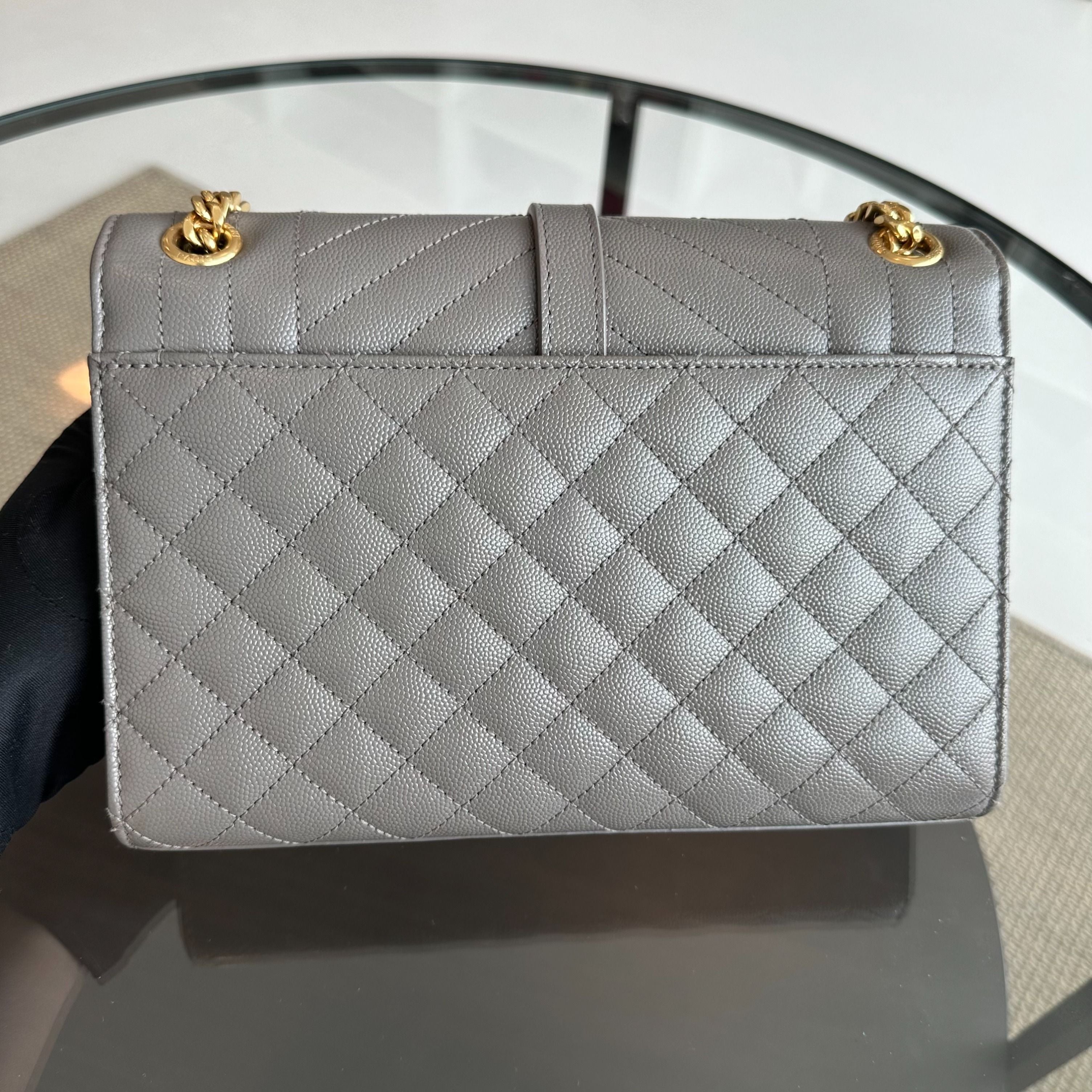 Yves Saint Laurent YSL Envelop Medium Flap Grained Calfskin Grey GHW - Luxury Evermore