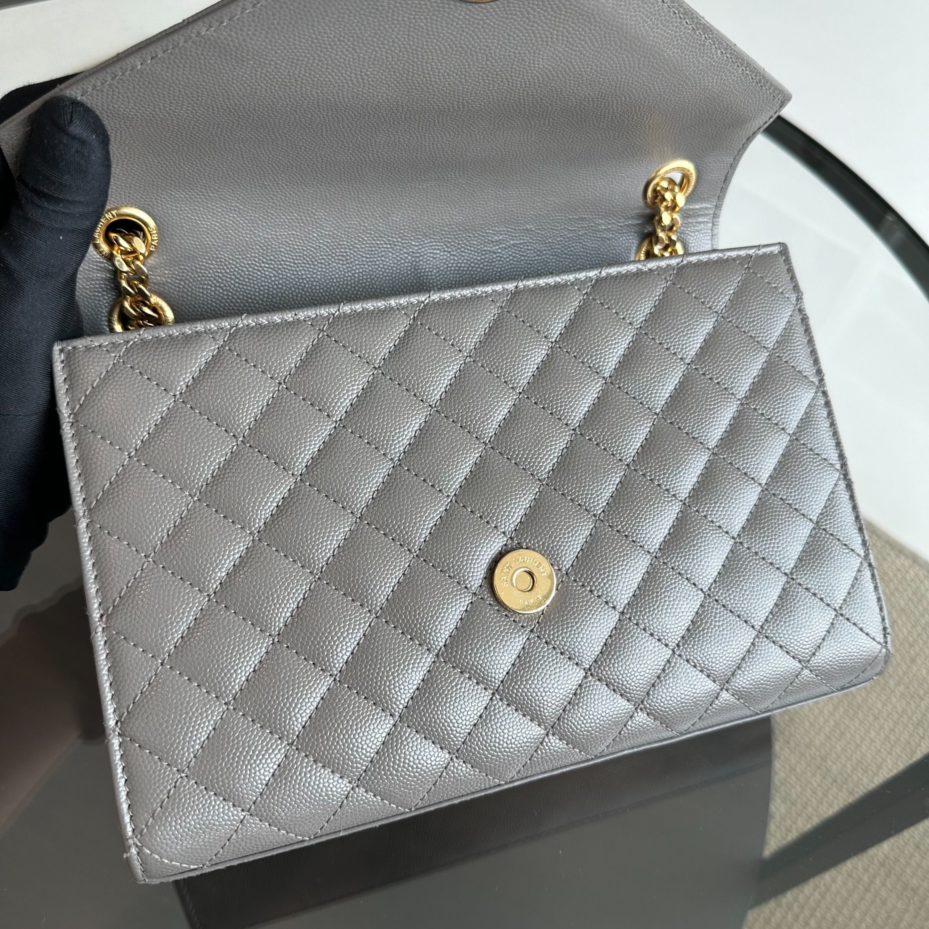 Yves Saint Laurent YSL Envelop Medium Flap Grained Calfskin Grey GHW - Luxury Evermore