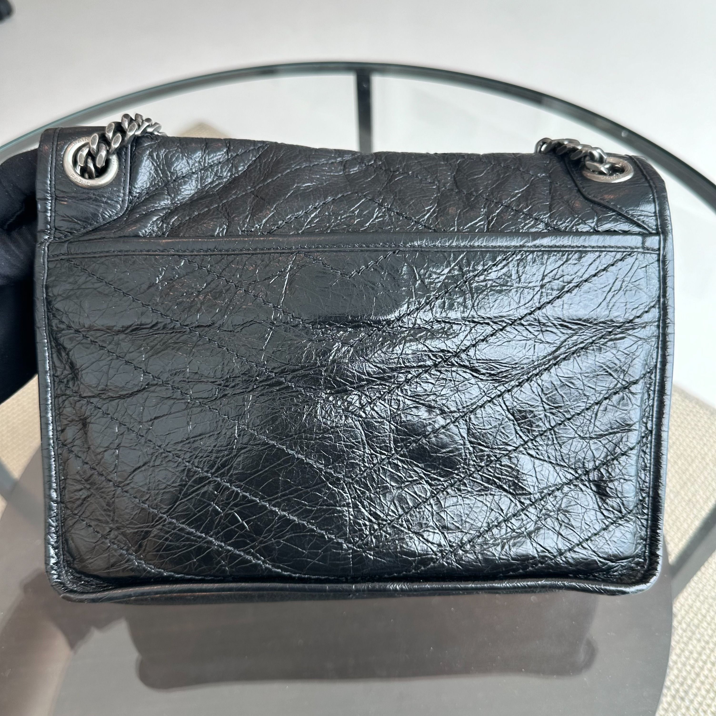 Yves Saint Laurent YSL Niki Medium Mateless Chevron Calfskin Black Shoulder Bag - Luxury Evermore