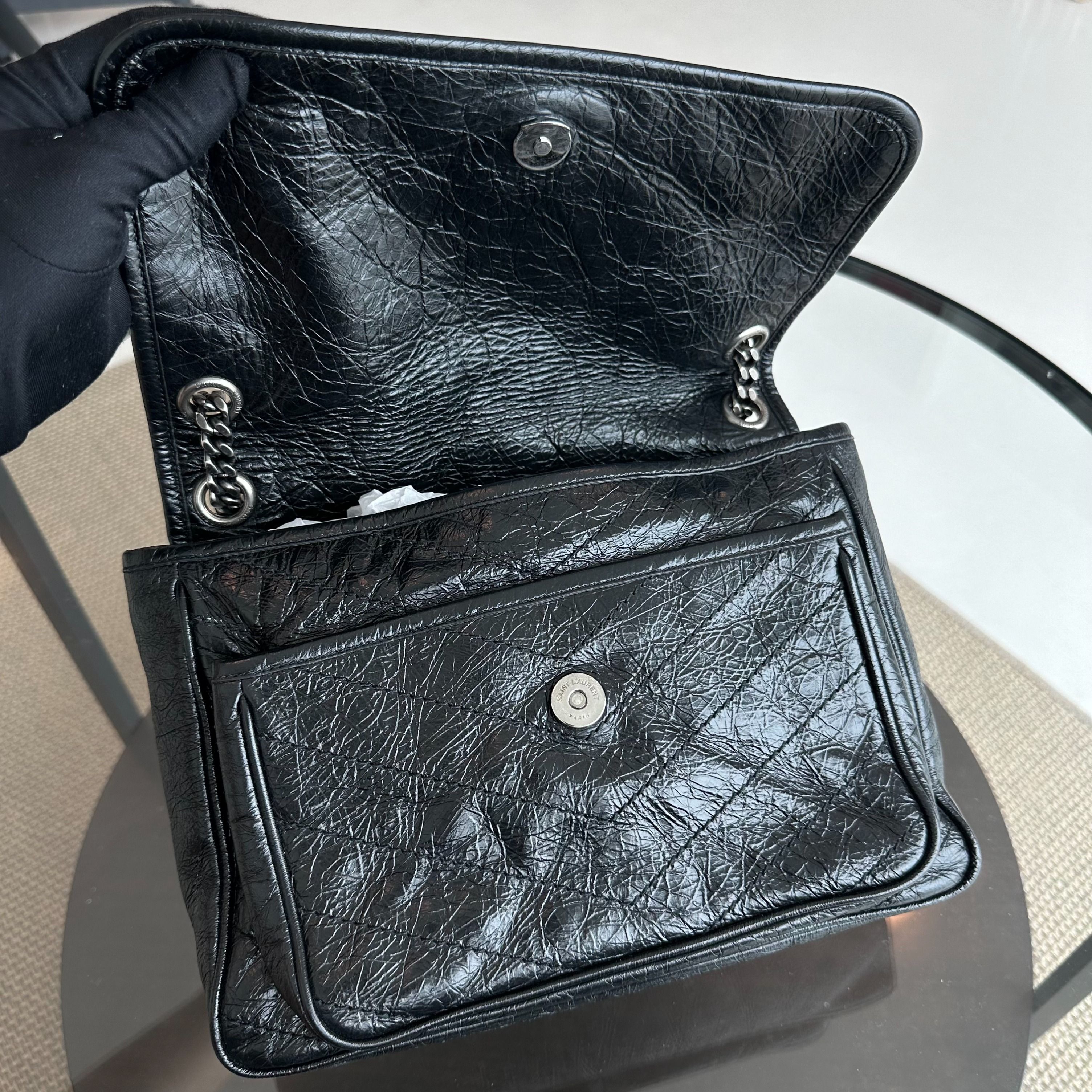 Yves Saint Laurent YSL Niki Medium Mateless Chevron Calfskin Black Shoulder Bag - Luxury Evermore