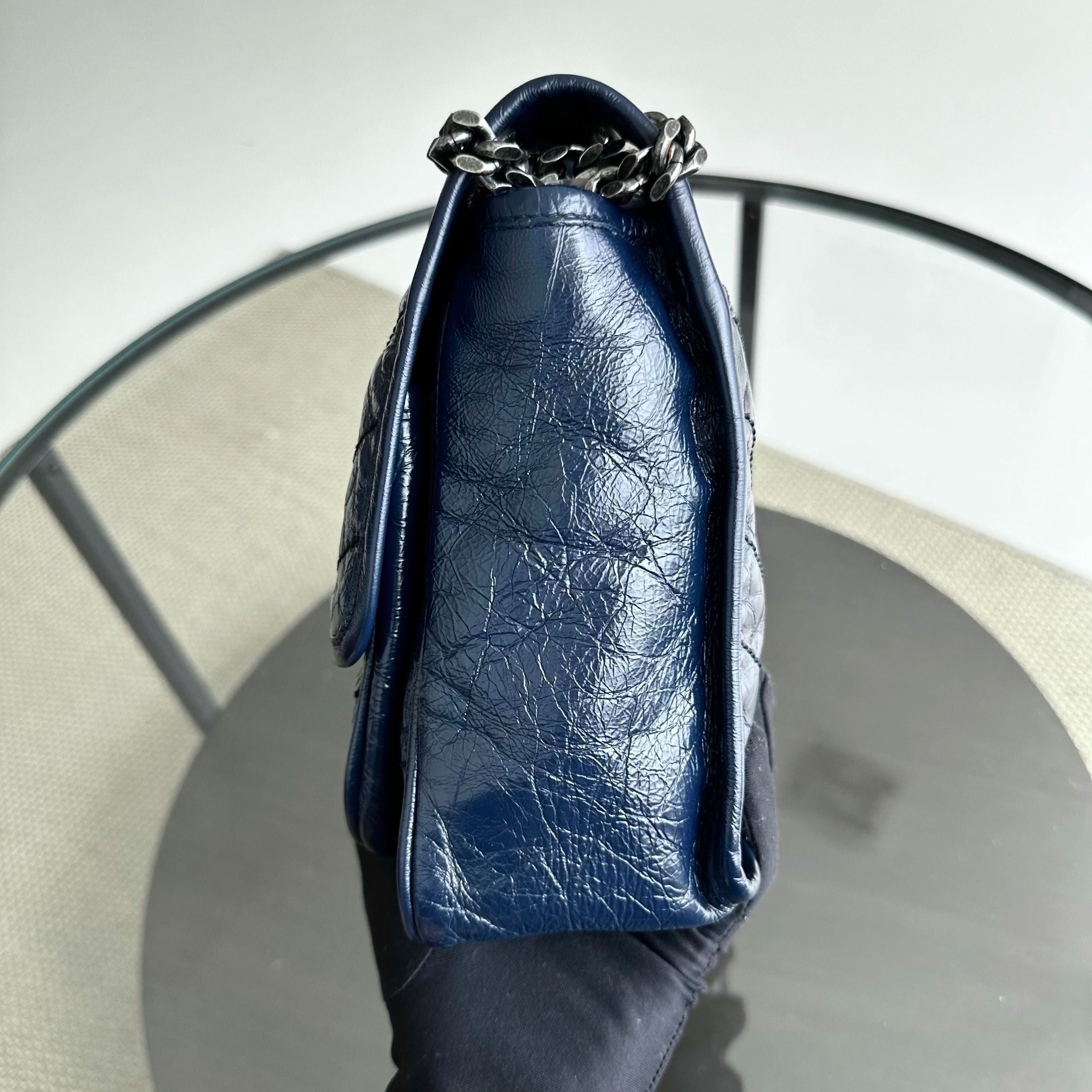 Yves Saint Laurent YSL Niki Medium Mateless Chevron Dark Blue Shoulder Bag - Luxury Evermore