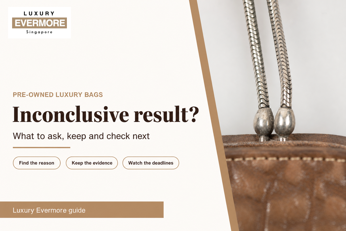Close-up of an unbranded leather handbag's stitching and handle ends, titled Inconclusive result? What to ask, keep and check next