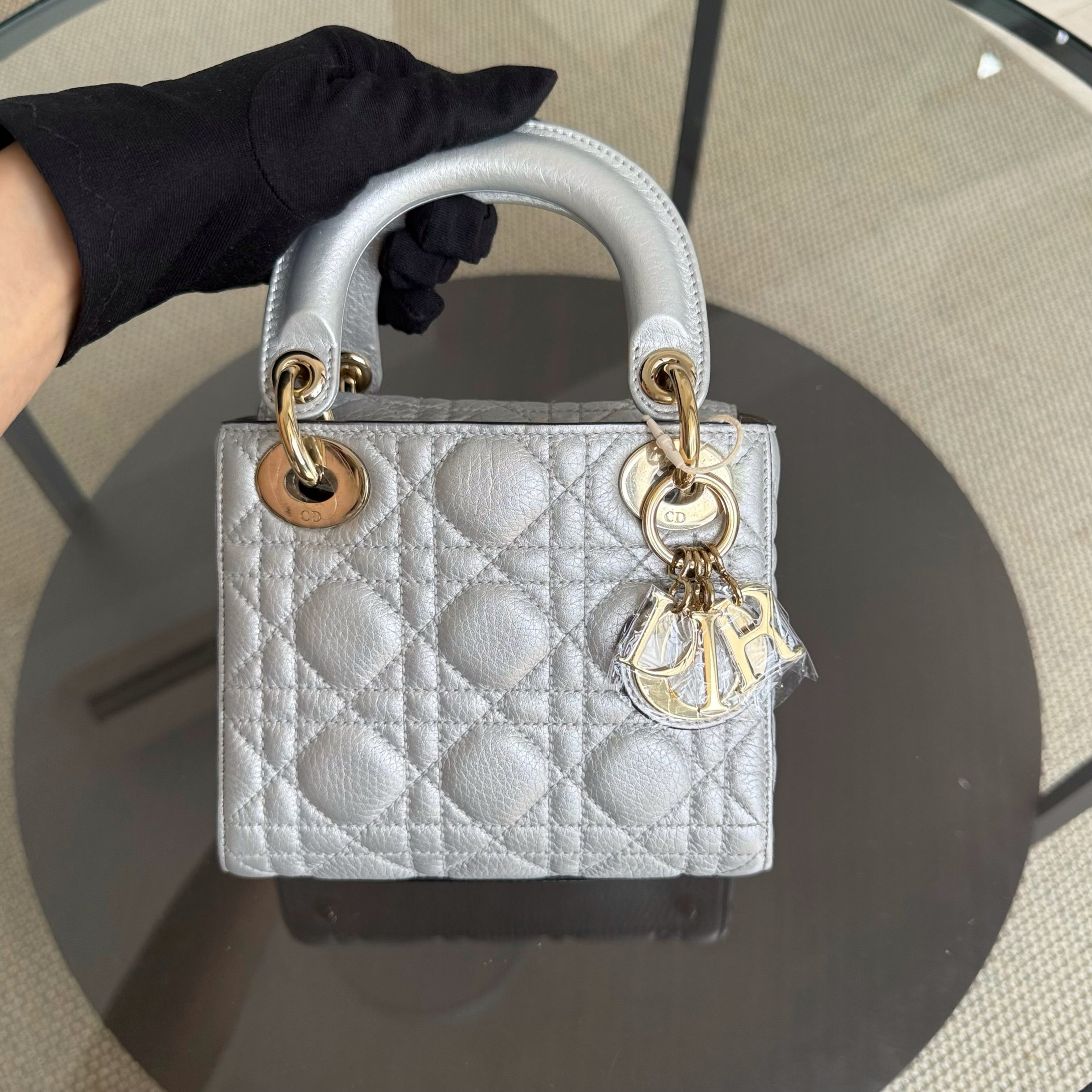 Dior Lady Mini - Cannage Caviar Gray Grey Gold Hardware
