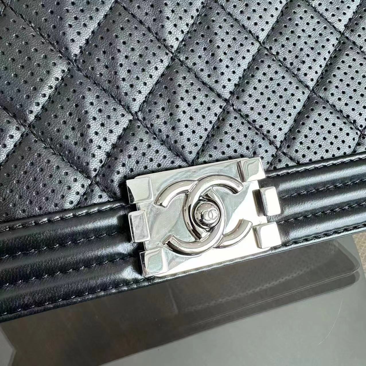 Chanel Boy New Medium 28CM Quilted Lambskin Perforated Black Silver Hardware Series 19