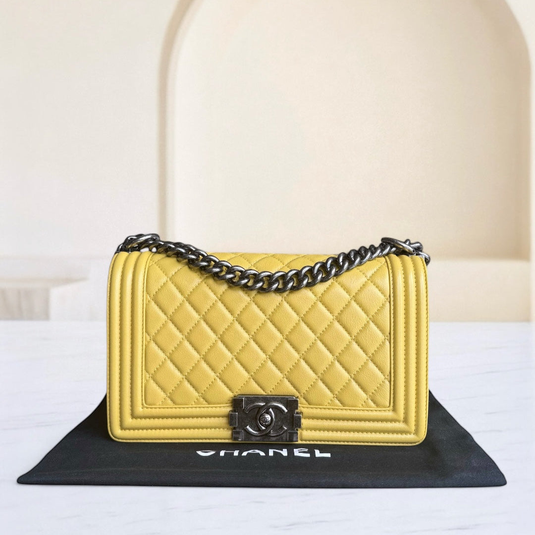 Chanel Boy Medium - Quilted Calfskin Yellow Ruthenium Silver Hardware Series 23