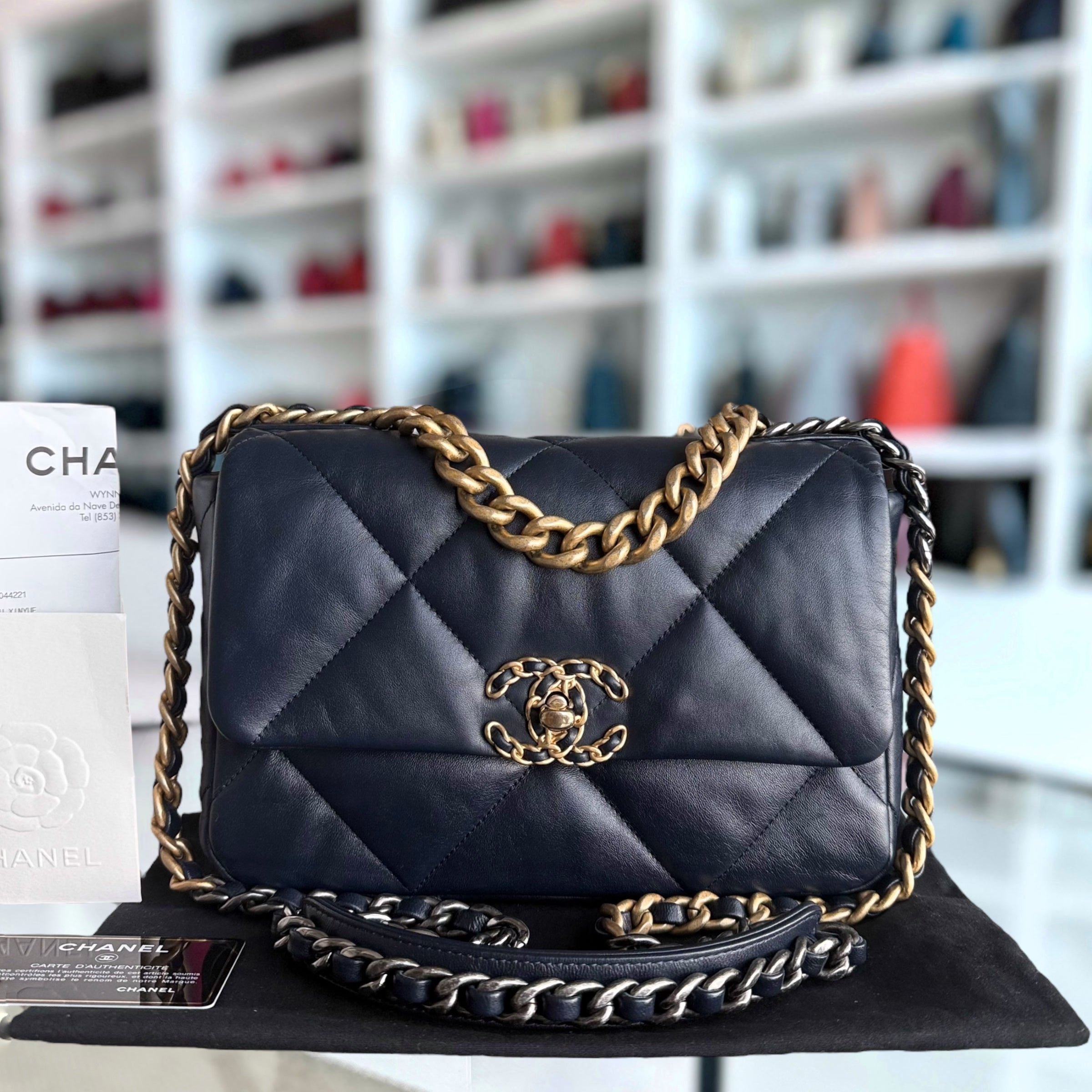 Chanel 19 Bag Small - Quilted Goatskin Dark Navy Blue Two-Tone Gold Hardware Series 31