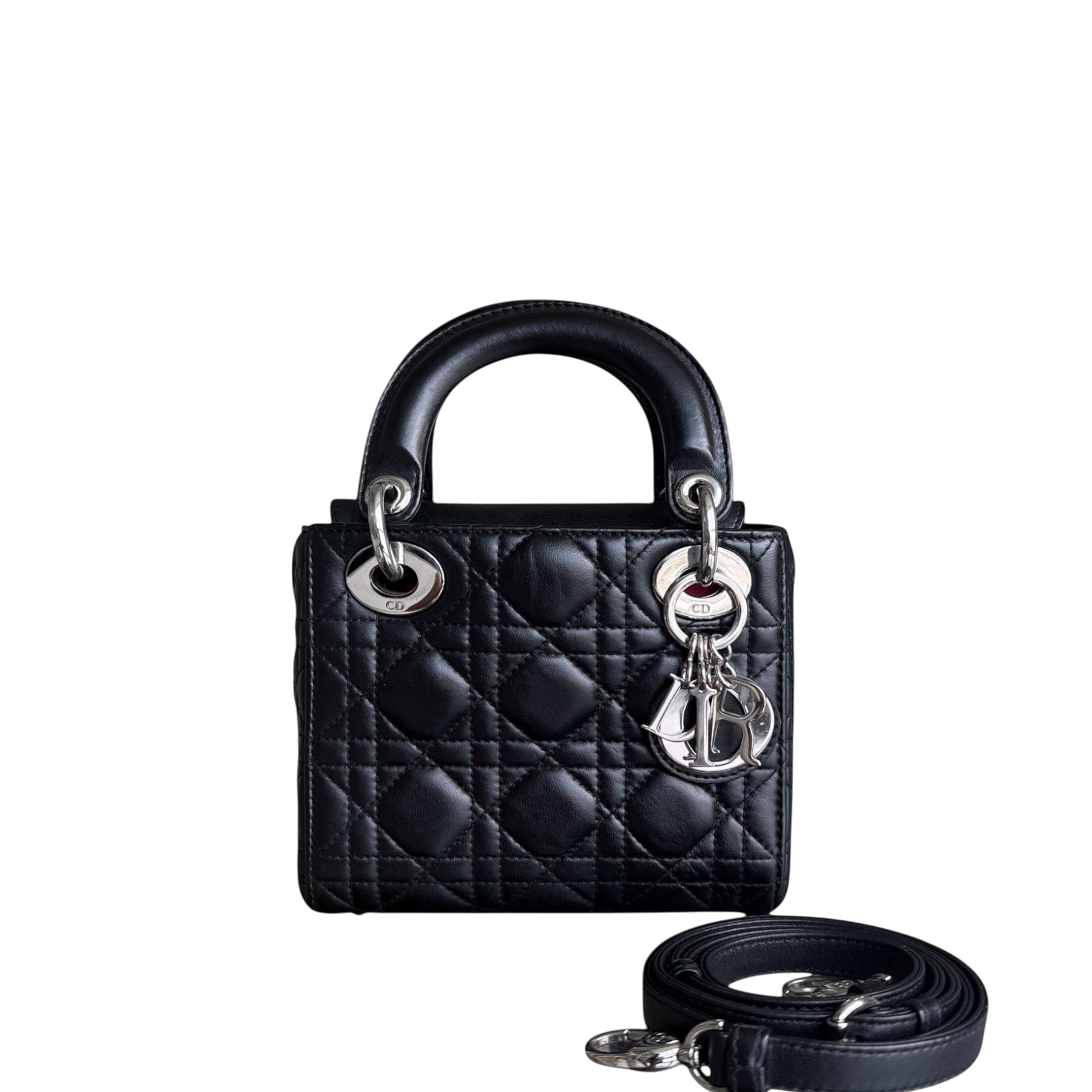 Dior Lady Mini - Cannage Lambskin Black Silver Hardware Adjustable Strap