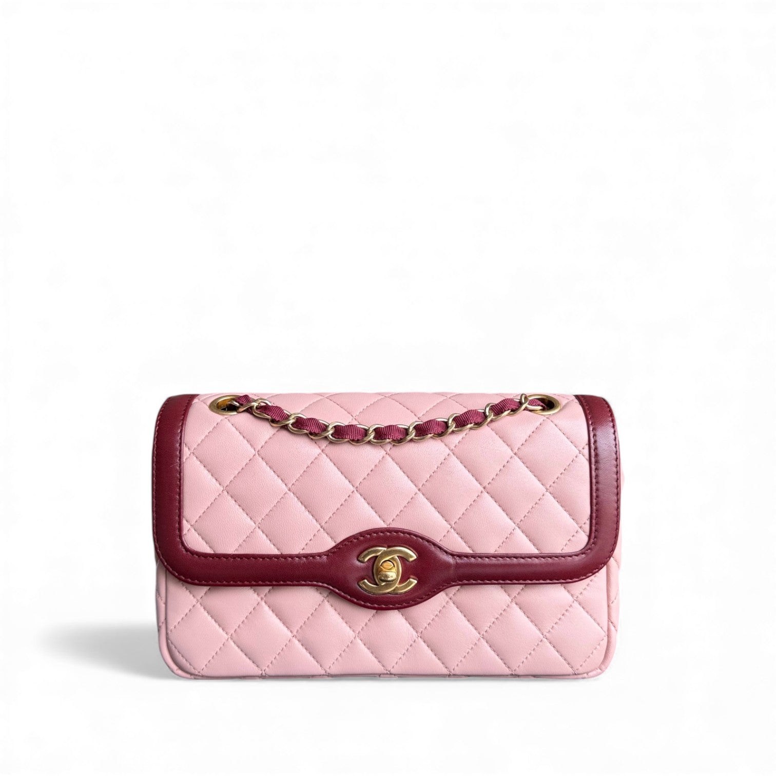 Chanel Seasonal Two-tone Flap Small - Quilted Lambskin Pink Burgundy Gold Hardware Series 23