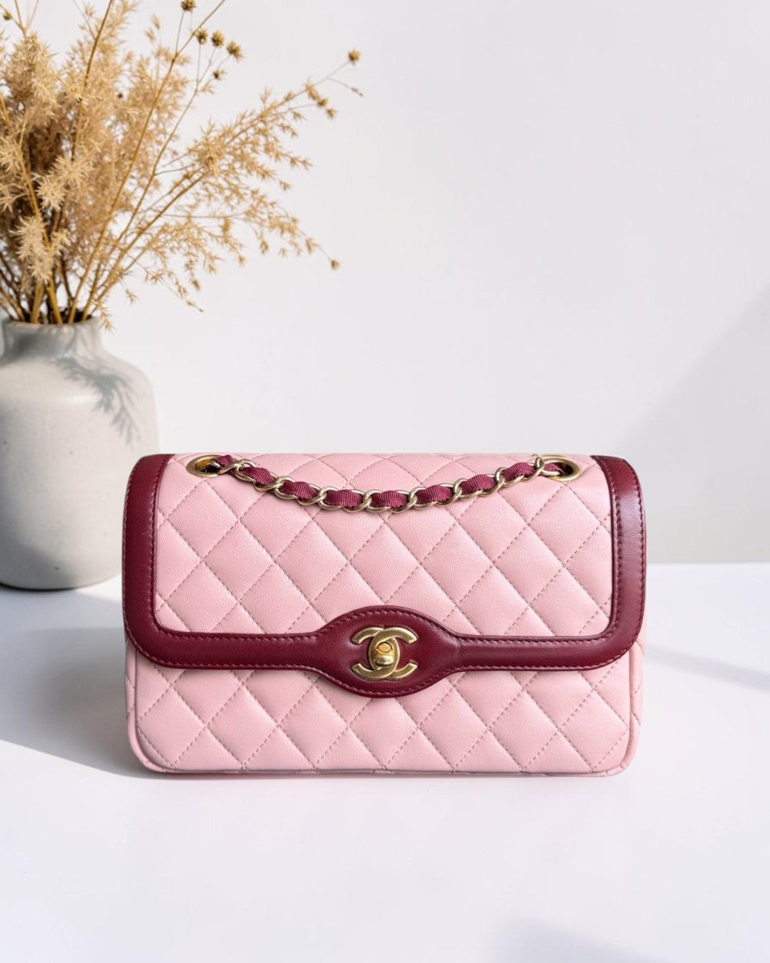 Chanel Seasonal Two-tone Flap Small - Quilted Lambskin Pink Burgundy Gold Hardware Series 23