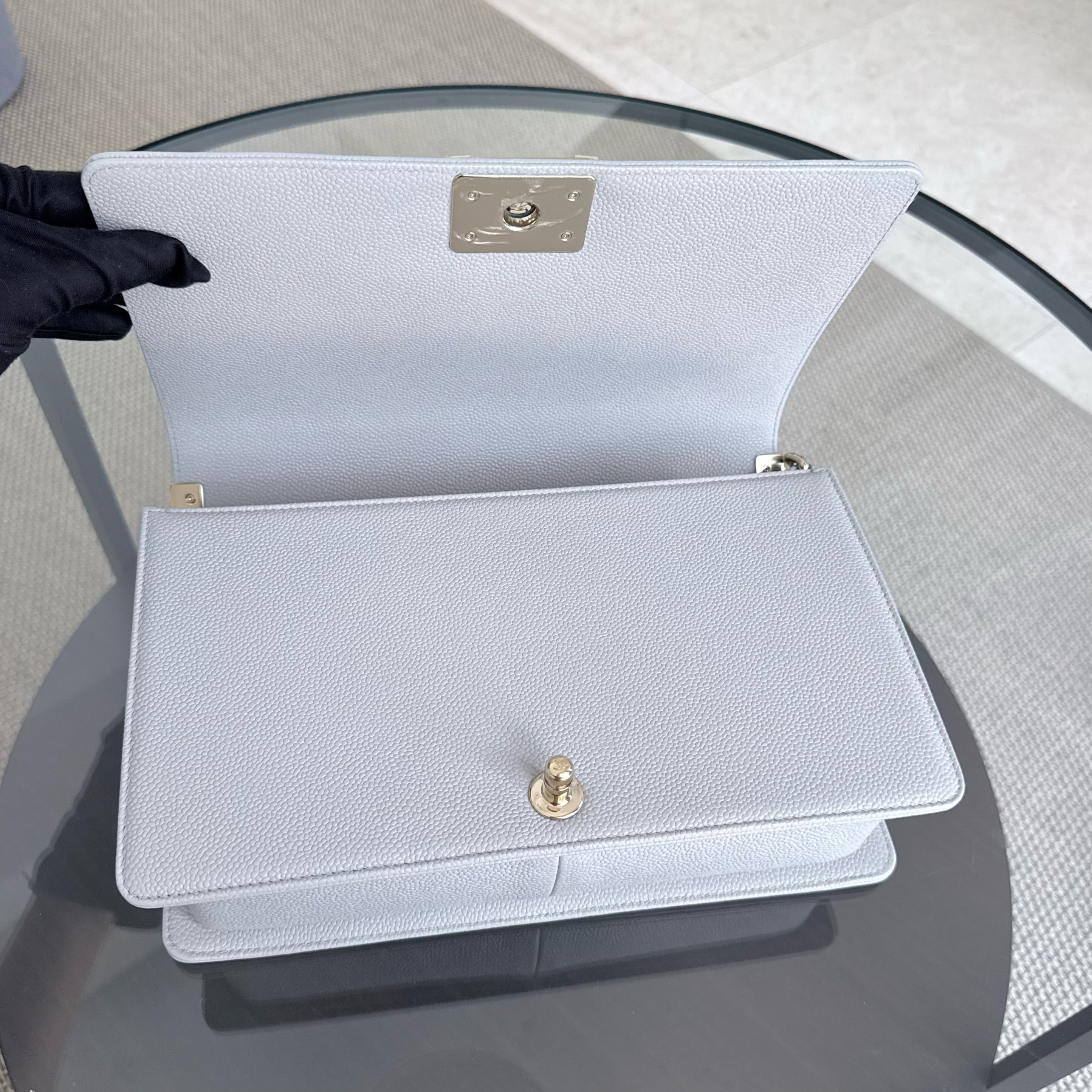 Chanel Boy New Medium - 28CM Quilted Caviar Grey Gray Gold Hardware Series 28