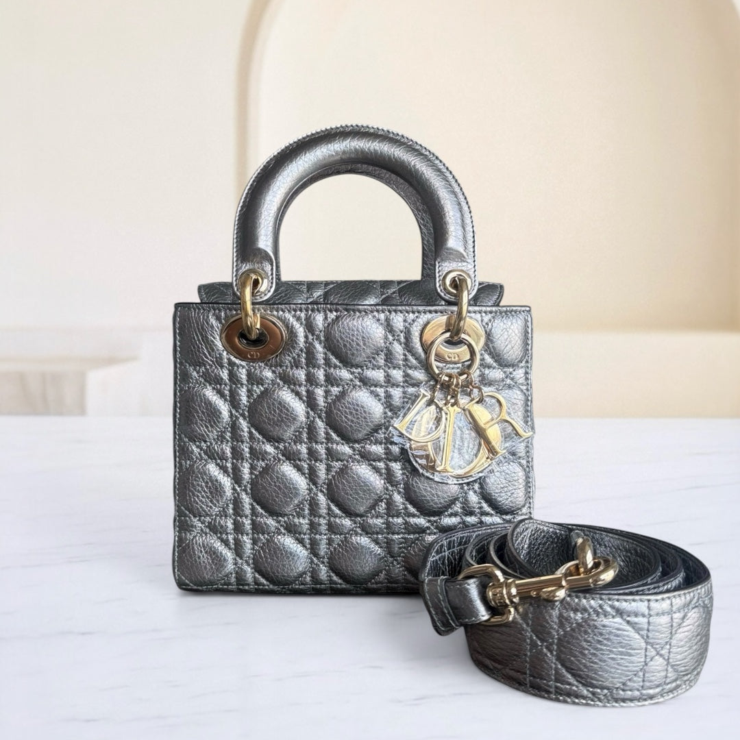Dior Lady Small - Cannage Gray Calfskin Gold Hardware