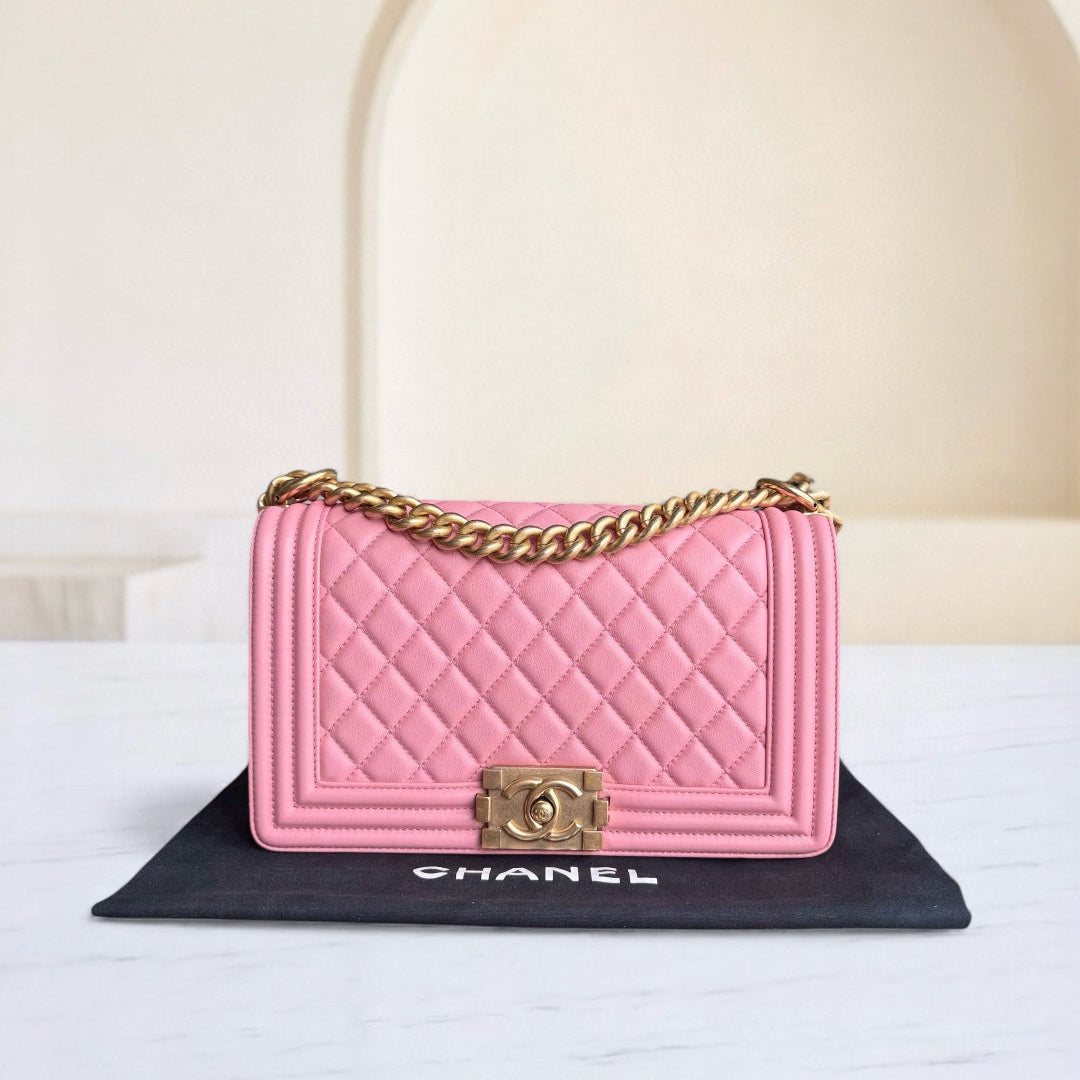 Chanel Boy Medium - 25CM Quilted Calfskin Pink Gold Hardware Series 27