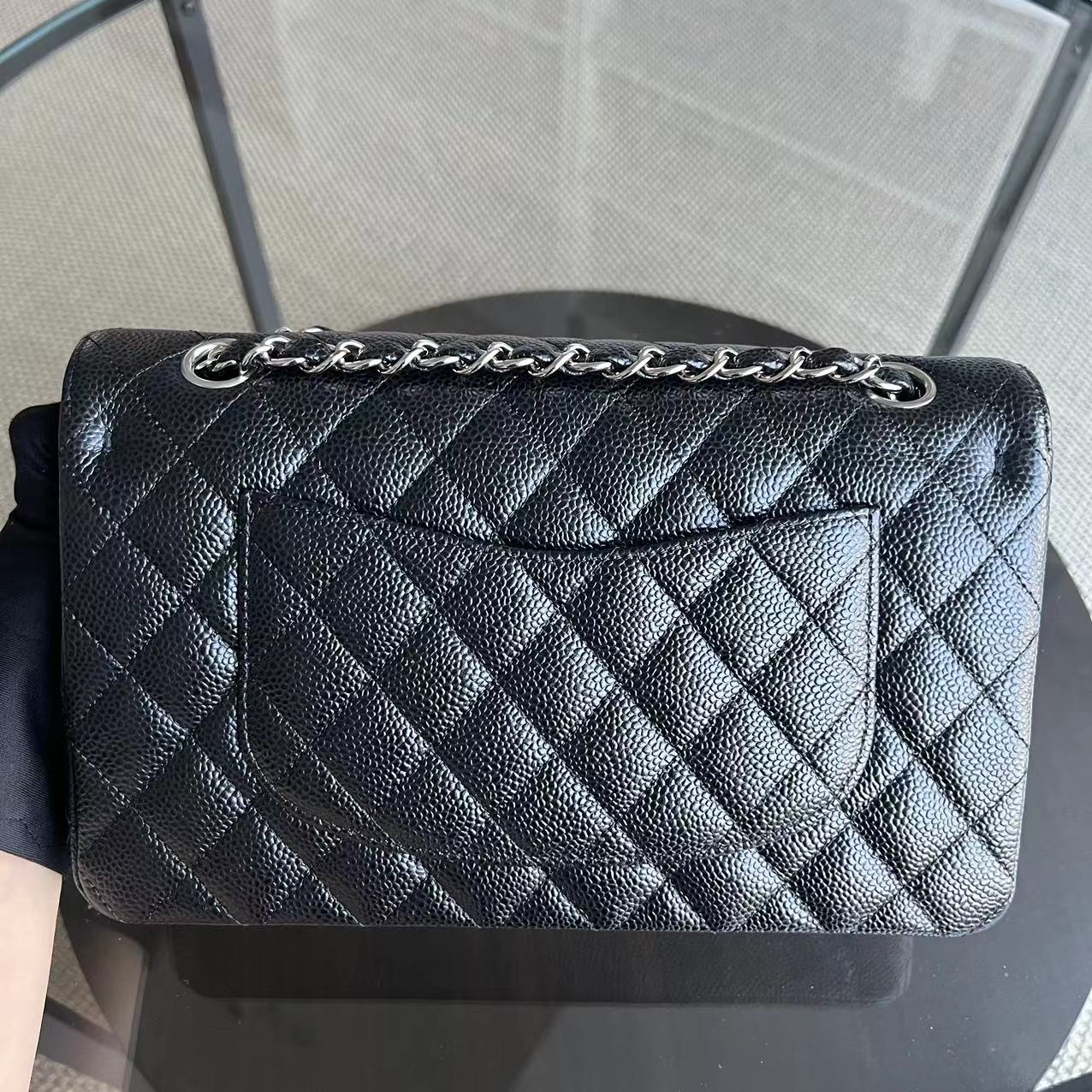 *Unused* Chanel Caviar Medium Classic Flap Double Flap 25CM Quilted Grained Calfskin Black Silver Hardware Series 23