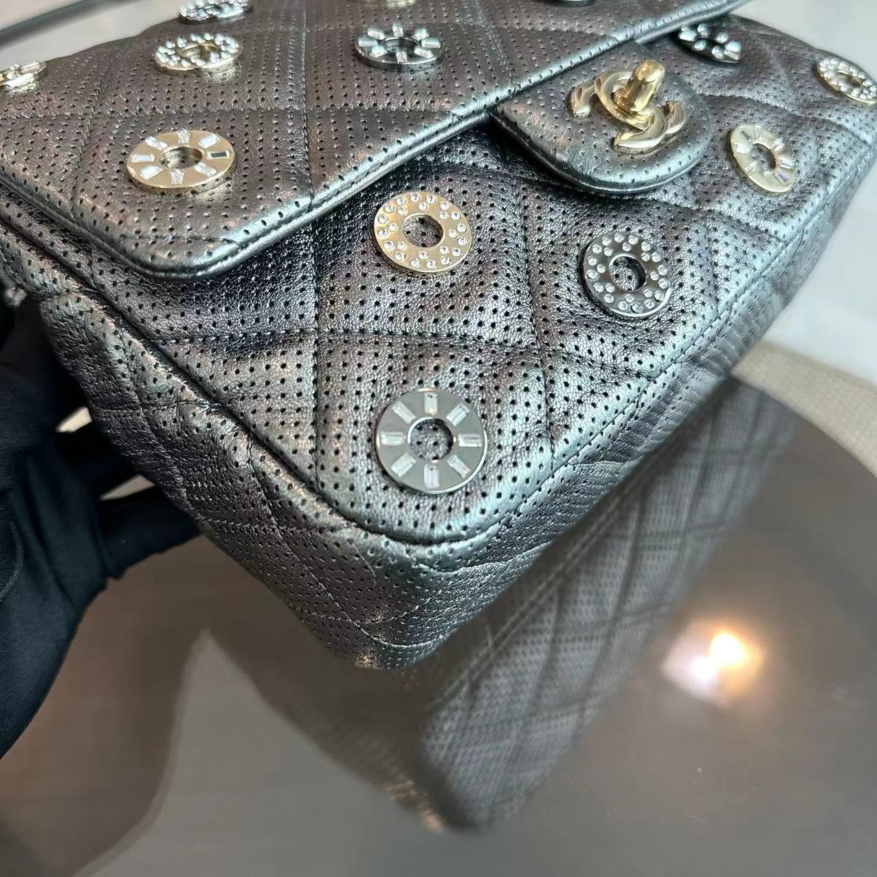 Chanel Seasonal Flap Cruise Paris-Dubai Medals 2015 Perforated Metallic Calfskin Dark Grey Series 20