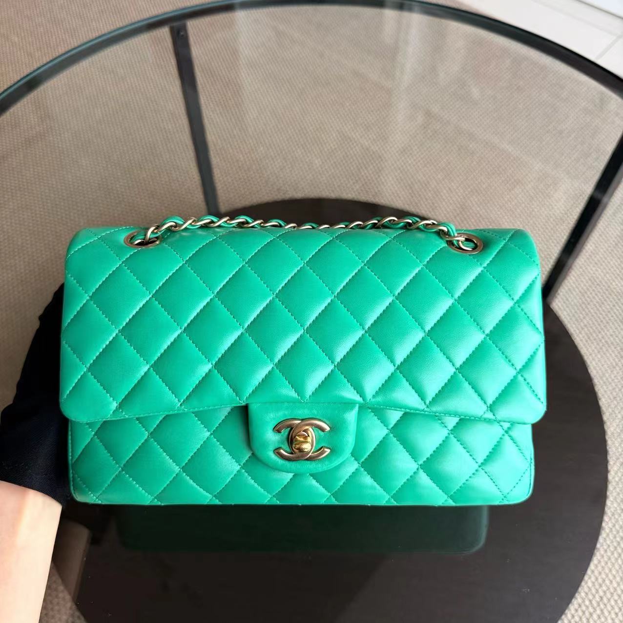 Chanel Classic Flap Medium - 25CM Double Flap Green Quilted Lambskin Gold Hardware Series 18