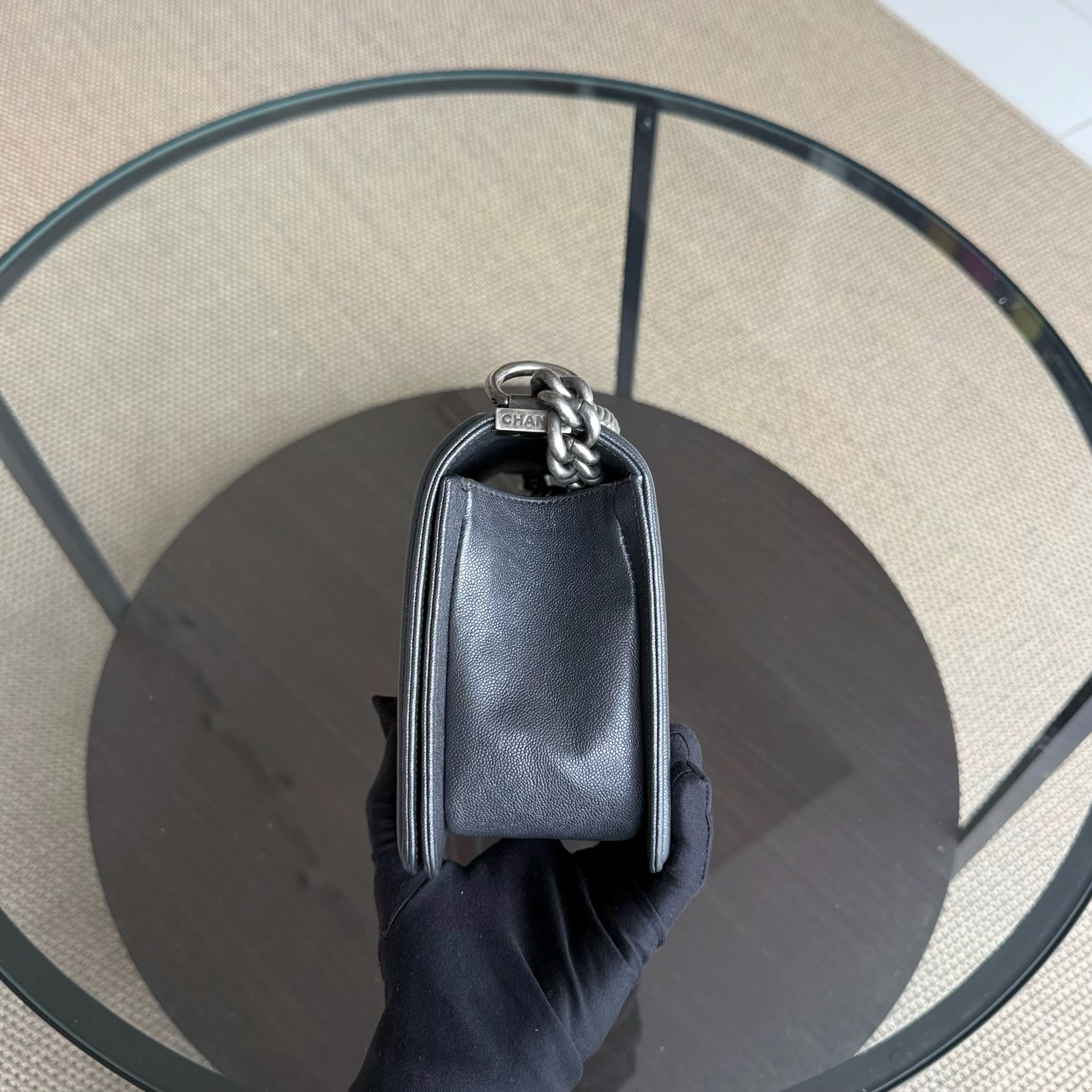 Chanel Boy Medium - Caviar 25CM Quilted Dark Grey Gray Ruthenium Silver Hardware Series 26