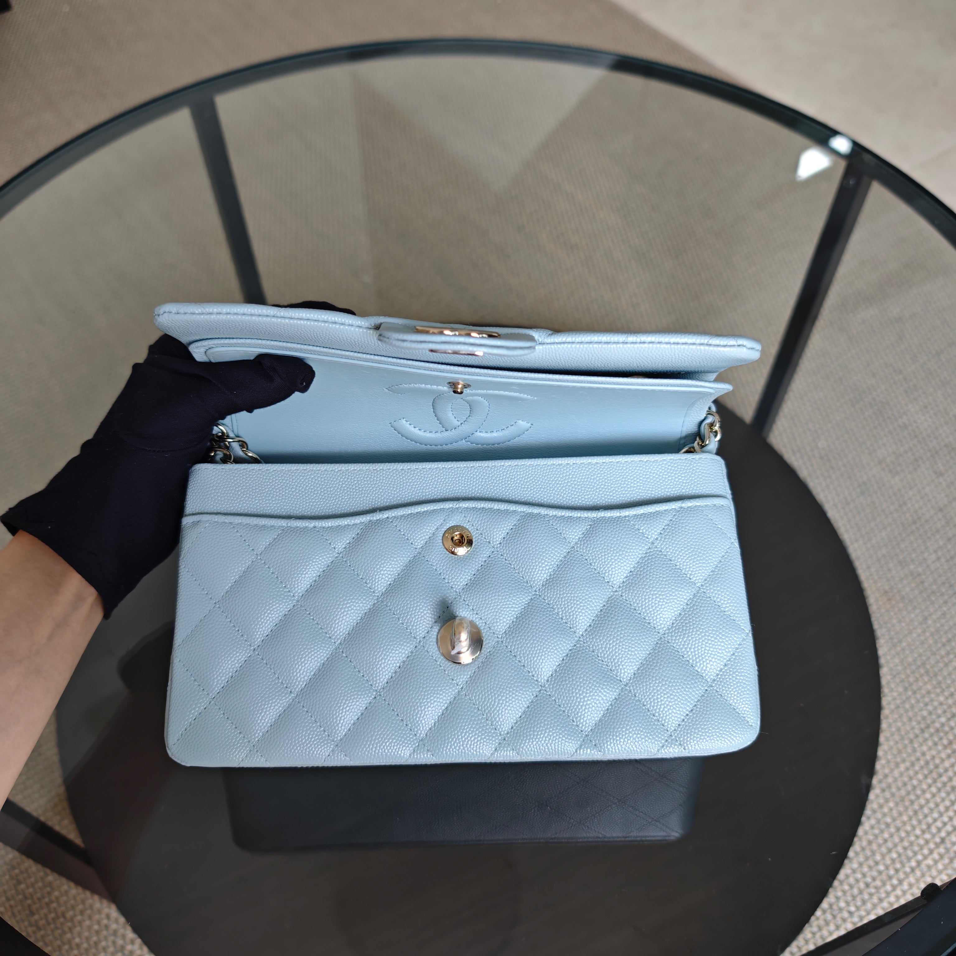 Chanel Classic Flap Small - Caviar 23CM Quilted Baby Blue Light Gold Hardware Microchip
