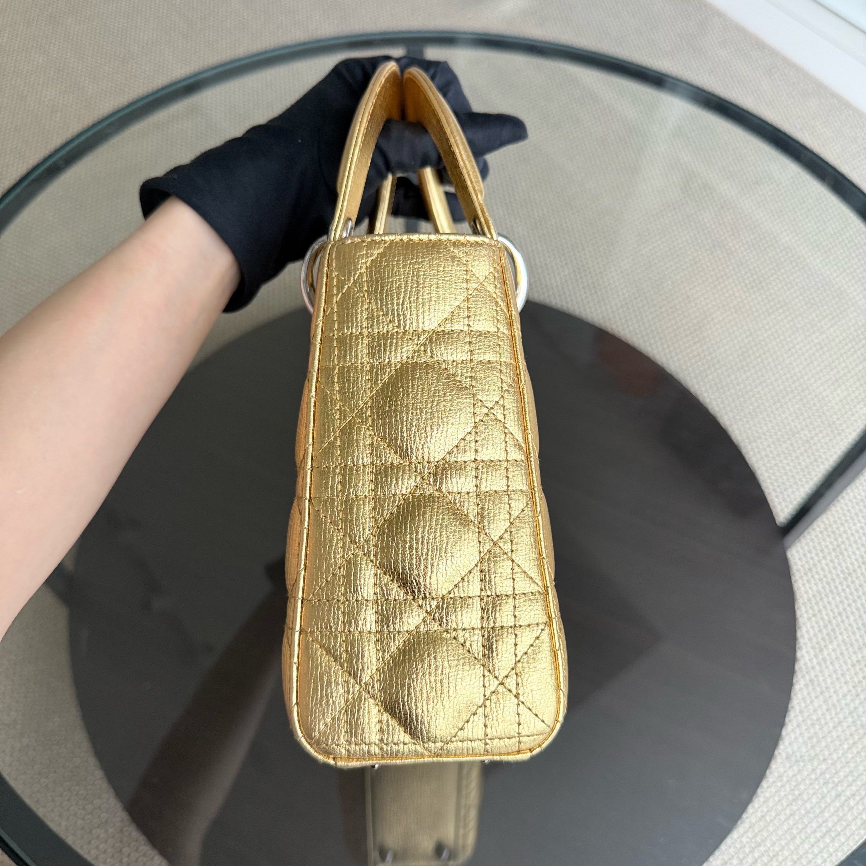Dior Lady Small - Cannage Metallic Calfskin Gold Silver Hardware