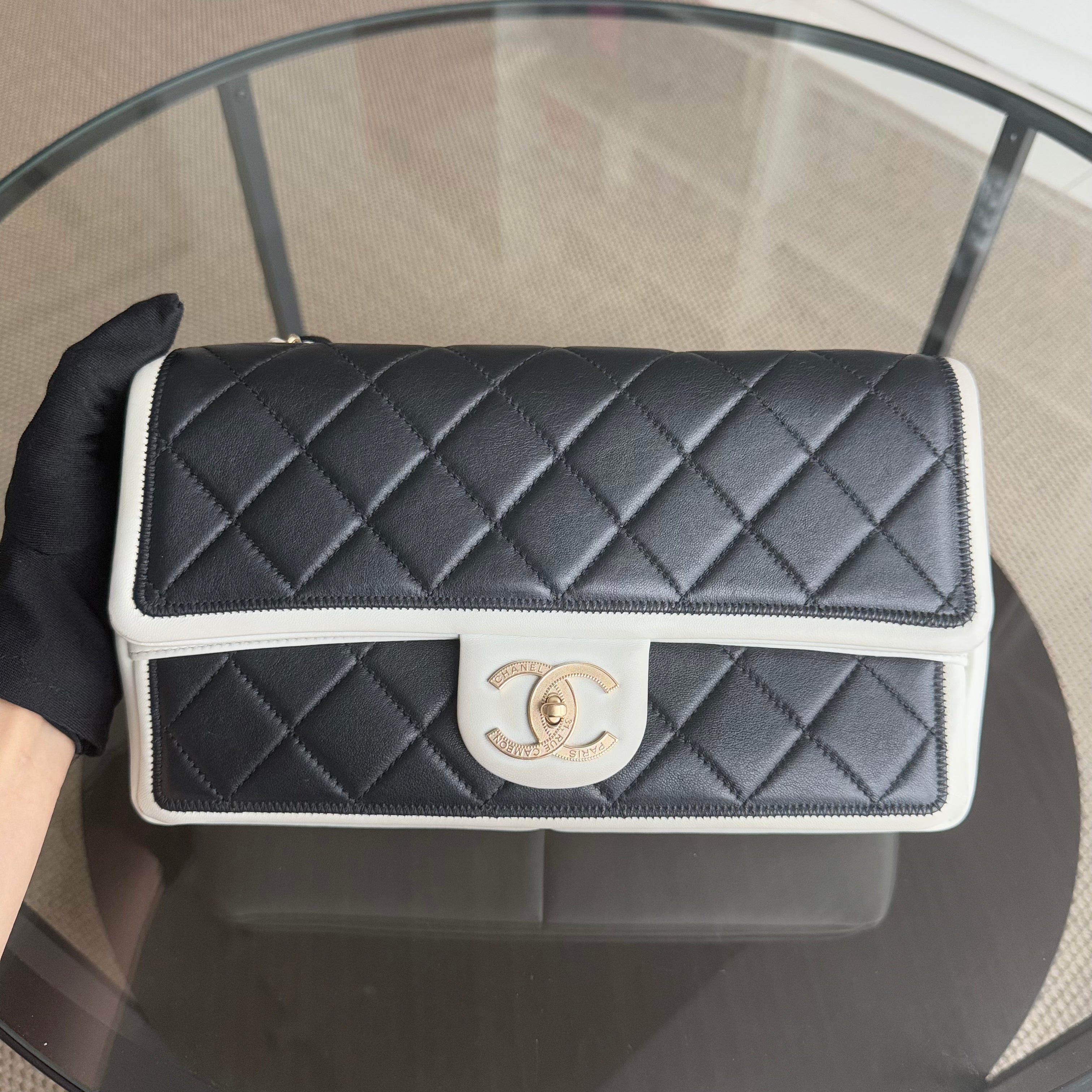 Chanel Seasonal Flap - Medium Graphic Quilted Lambskin Black White Gold Hardware Series 18