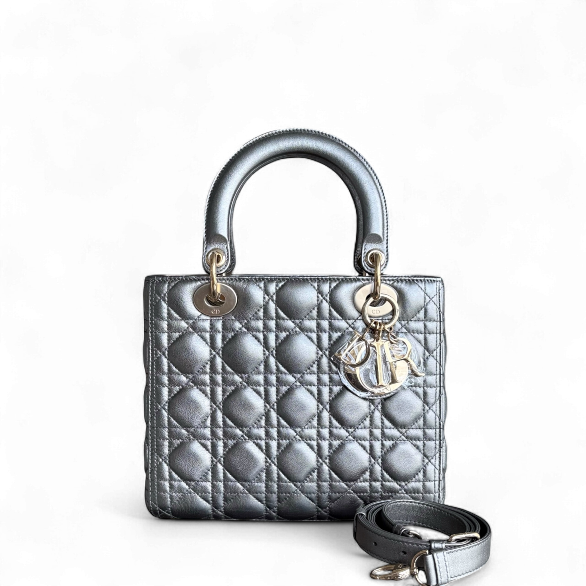 Dior Lady Medium - Cannage Calfskin Metallic Silver Gunmetal Gold Hardware Adjustable Strap