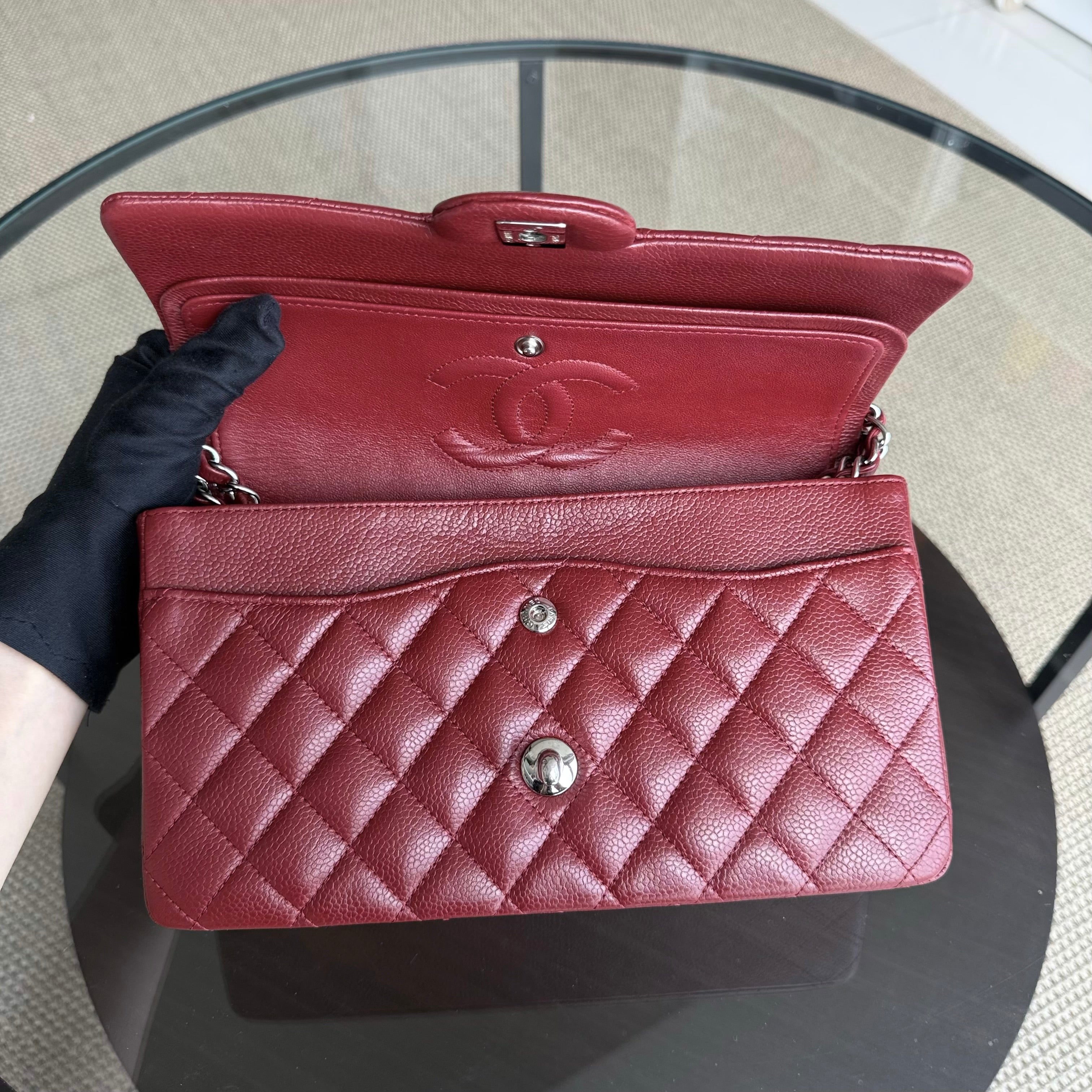 Chanel Classic Flap Medium - Caviar 25CM Quilted Grained Calfskin Burgundy Dark Red Silver Hardware Series 18