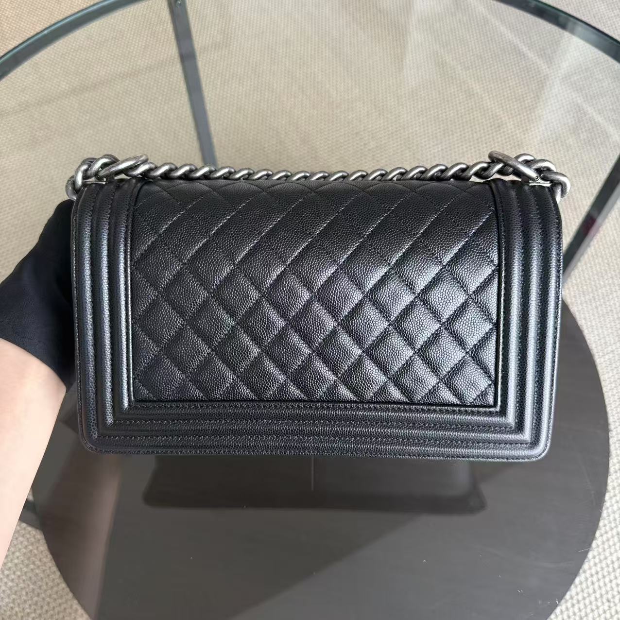 Chanel Boy Medium - Caviar 25CM Quilted Black Ruthenium Silver Hardware Series 25