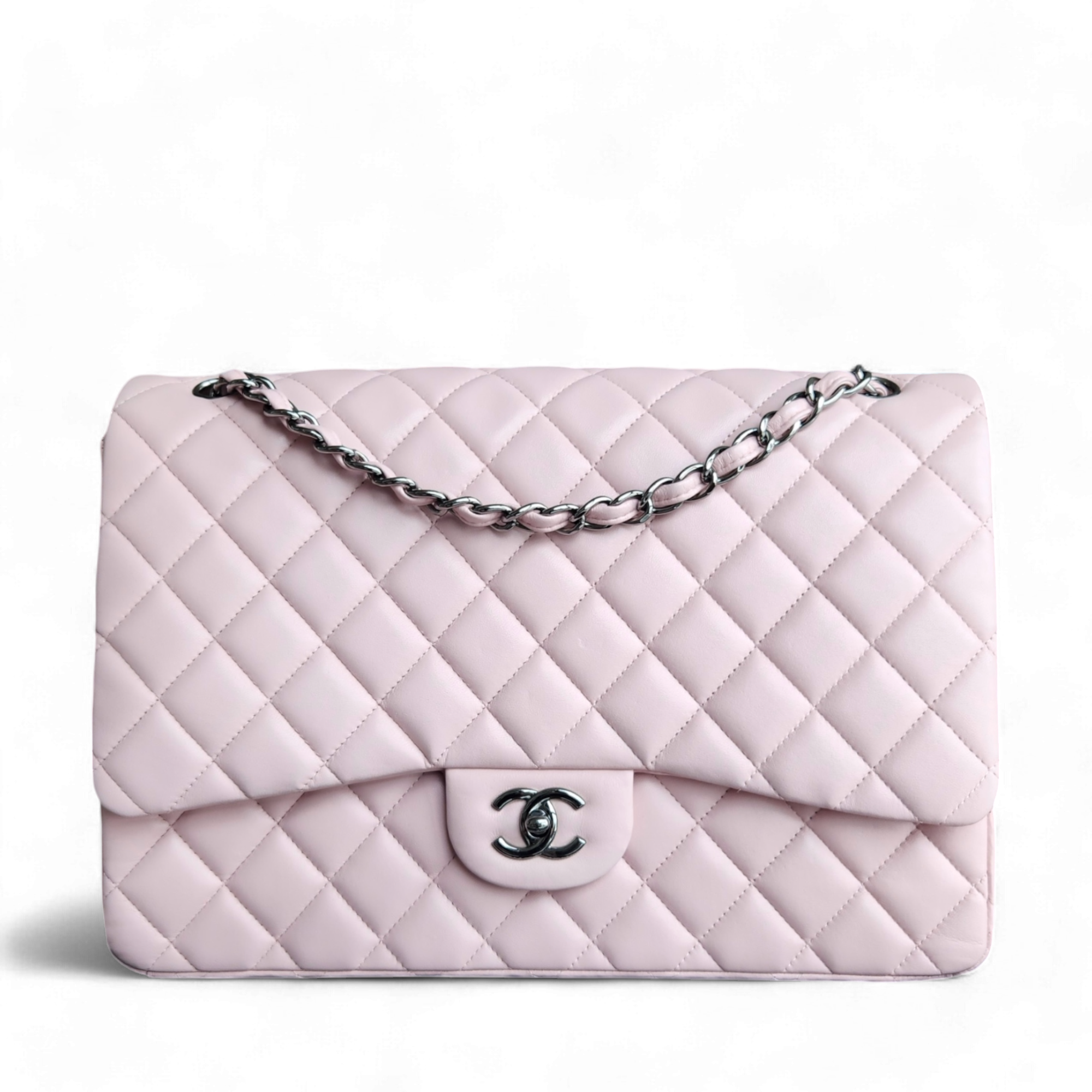 Chanel Classic Flap Maxi - 34CM Quilted Lambskin Single Flap Light Pink Silver Hardware Series 13