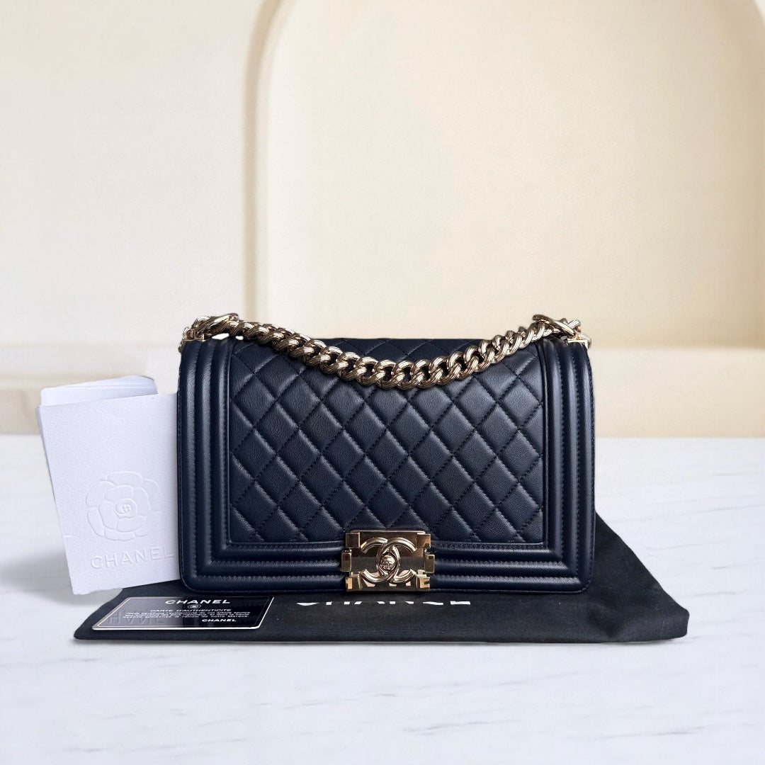 Chanel Boy Medium - 25CM Quilted Lambskin Dark Blue Gold Hardware Series 24