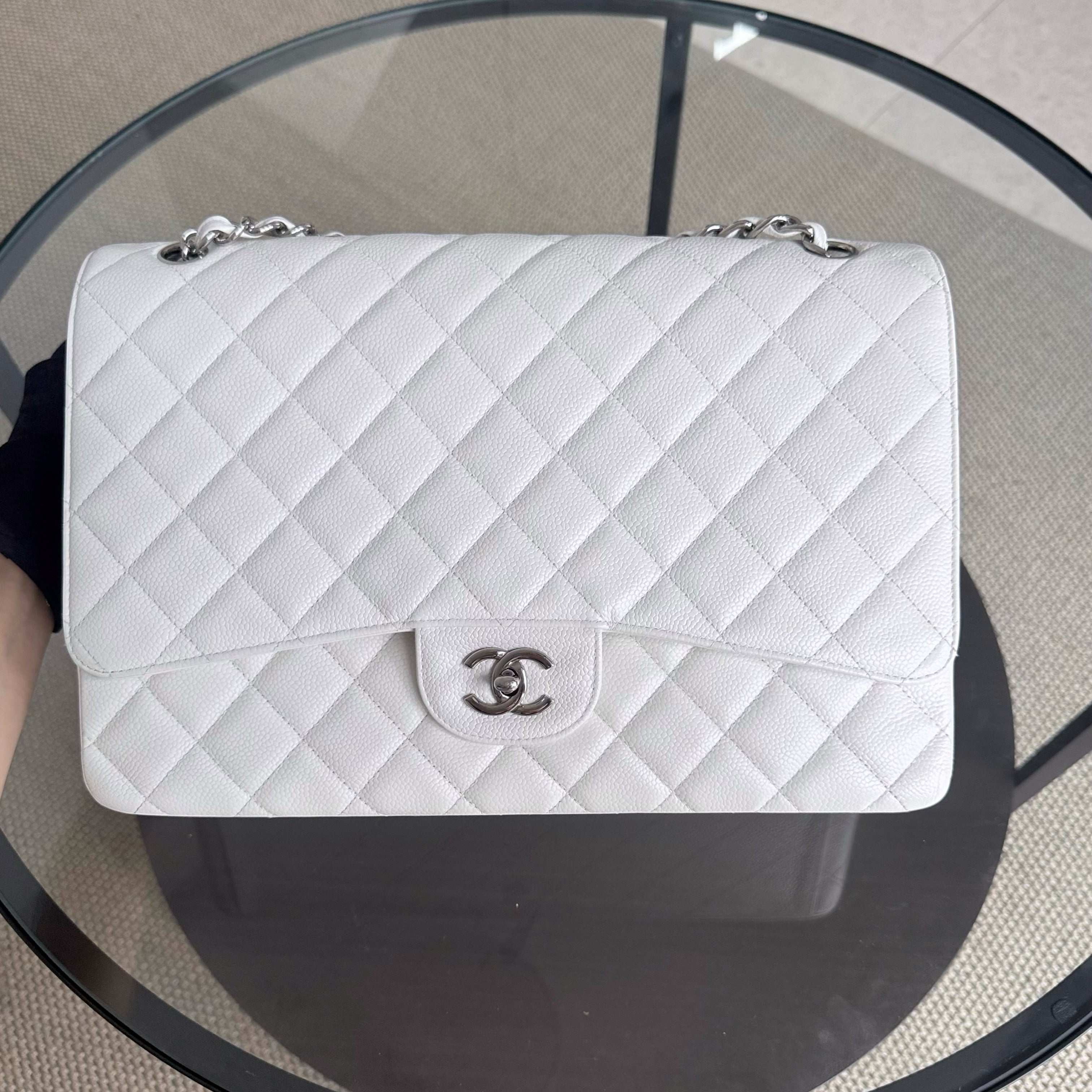 Chanel Classic Flap Maxi - Caviar 33CM Single Flap Quilted White Silver Harware Series 13