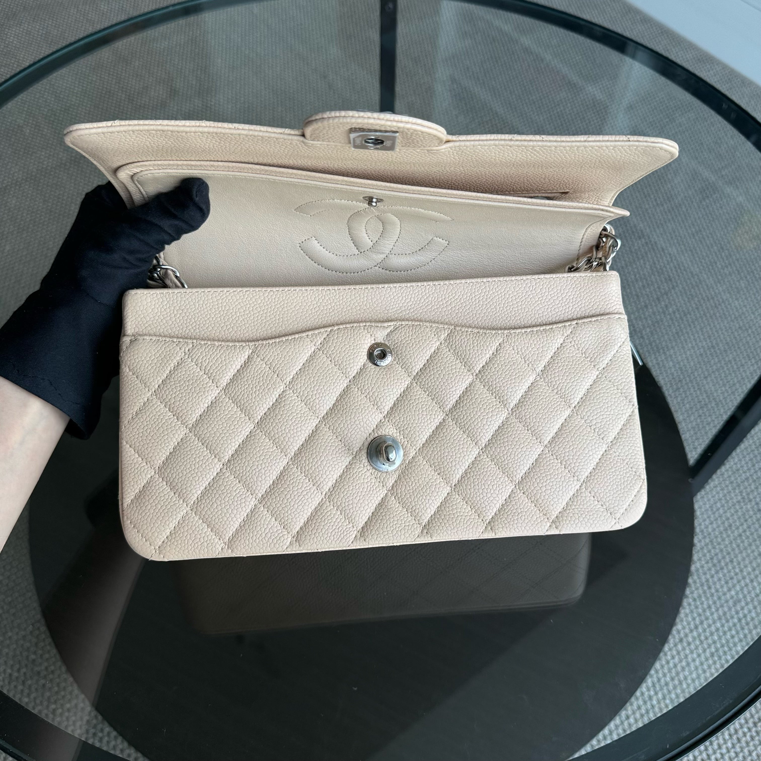 Chanel Classic Flap Medium - 25CM Quilted Beige Caviar Silver Hardware Series 12