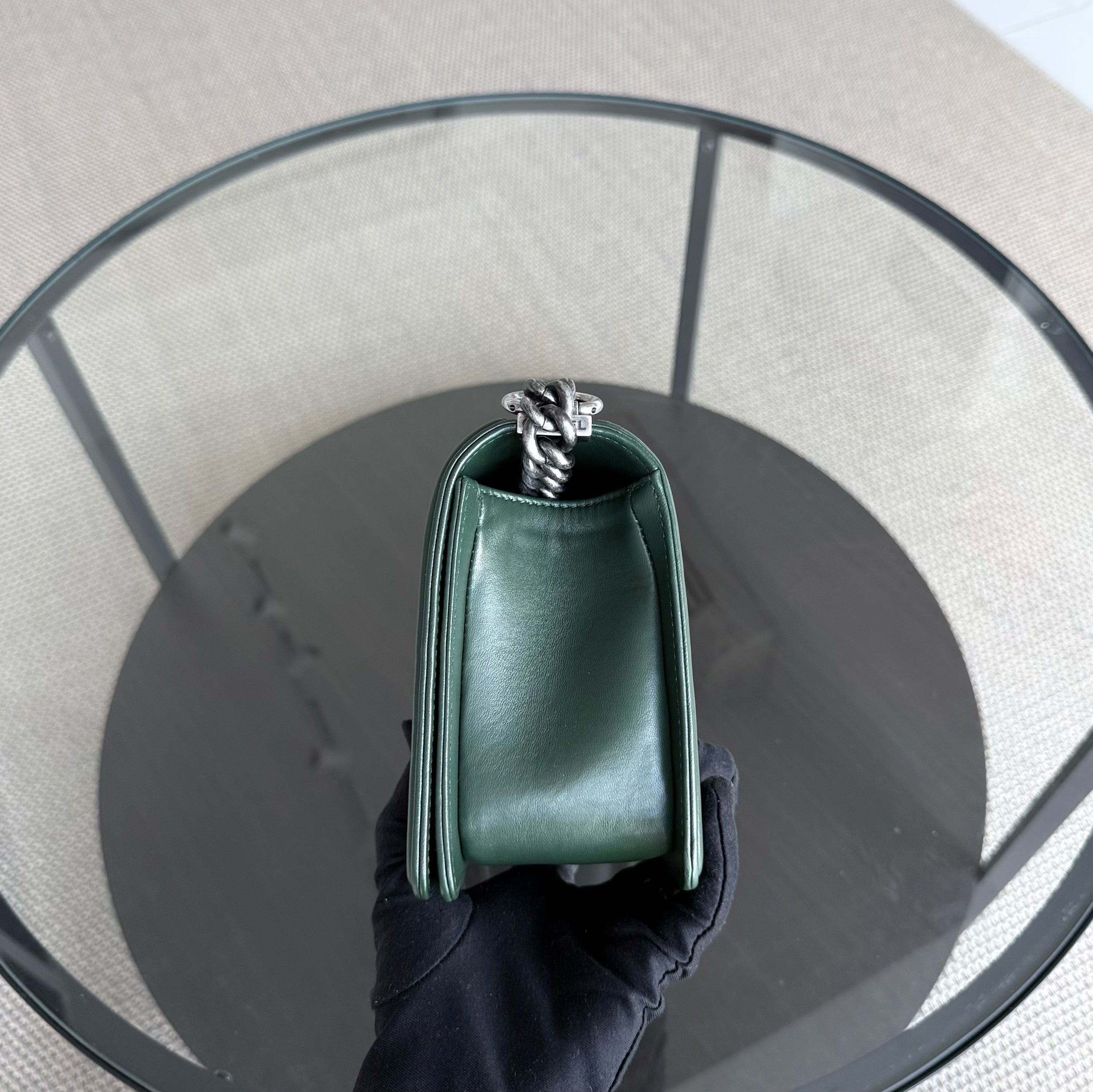 Chanel Boy Medium - Quilted Lambskin Dark Green Ruthenium Silver Hardware Series 20